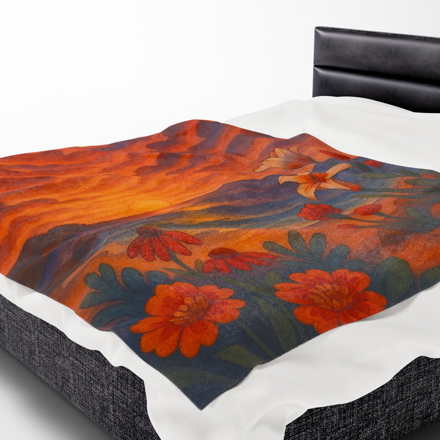 Sunset Floral Blanket – Cozy Beach Sunset Throw with Flowers | Colorful Velveteen Plush Blanket for Couch, Bed, or Gift