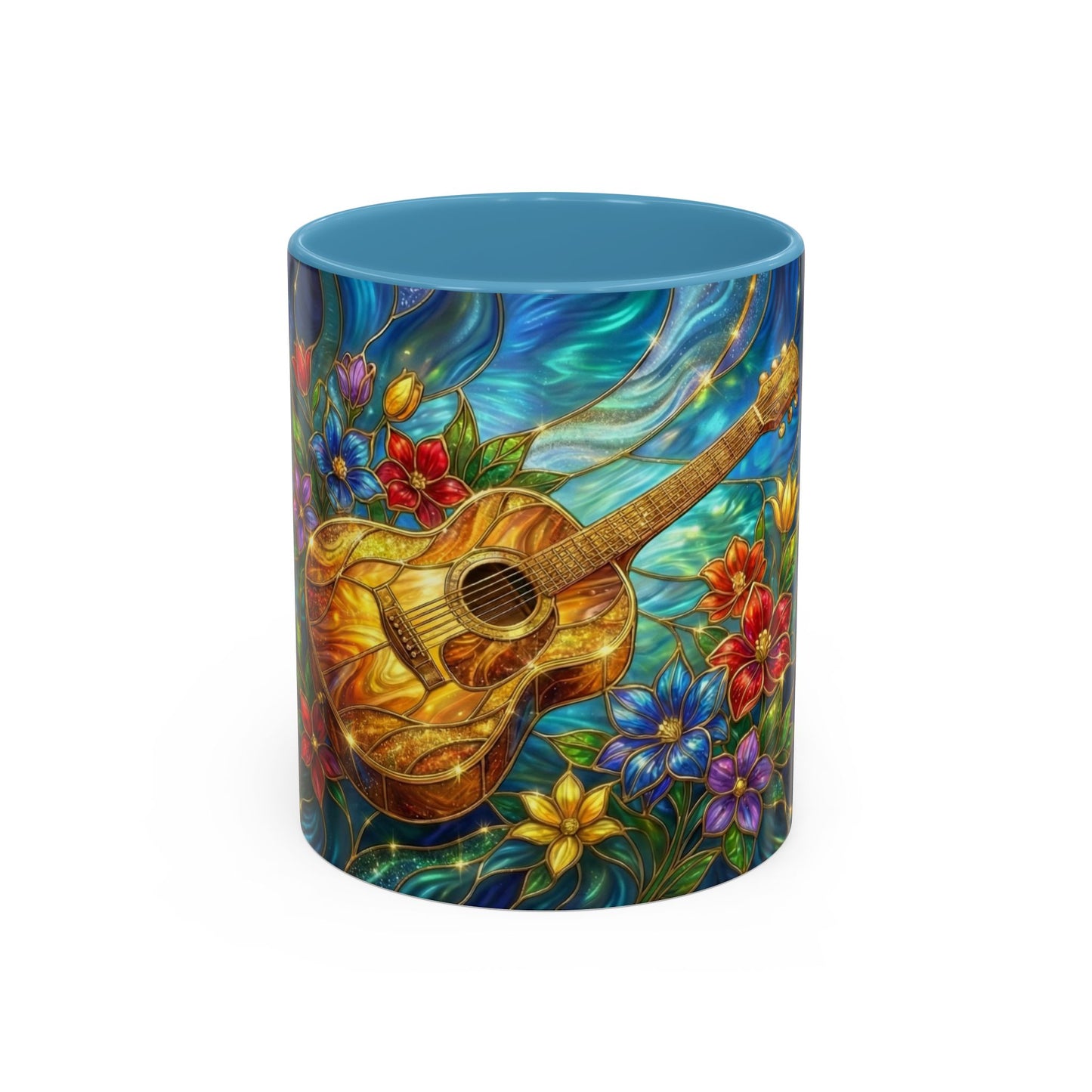 Guitar Coffee Mug, Stained Glass Guitar Art Mug, Music Lover Gift, Floral Acoustic Guitar Mug, Ceramic Coffee Cup, Unique Musician Gift, 11oz