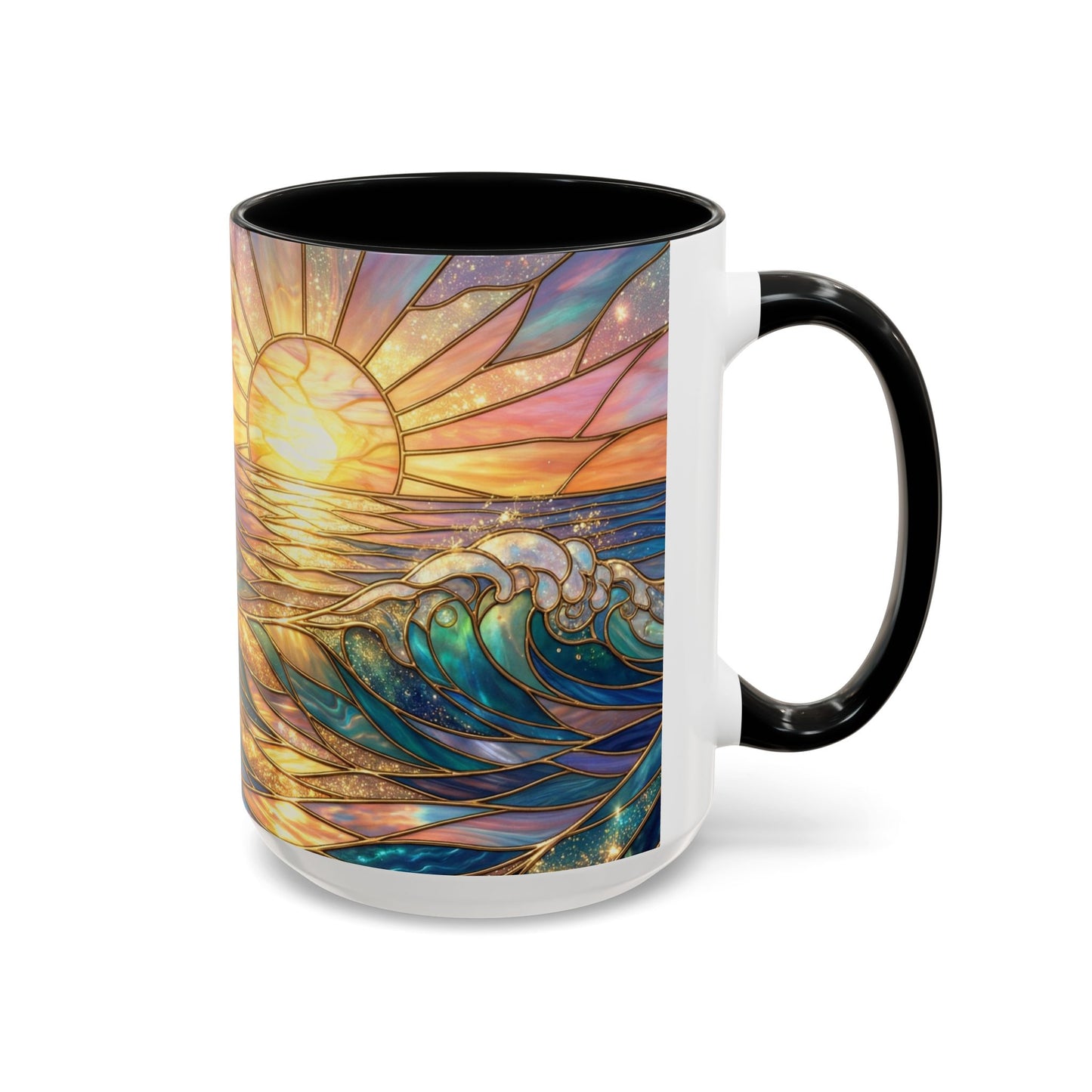 Stained Glass Ocean Wave Mug, Sunrise Beach Coffee Cup, Japanese Art Gift, Coastal Decor Kitchen, Mosaic Sea Tea Cup, Blue Gold Nature Lover