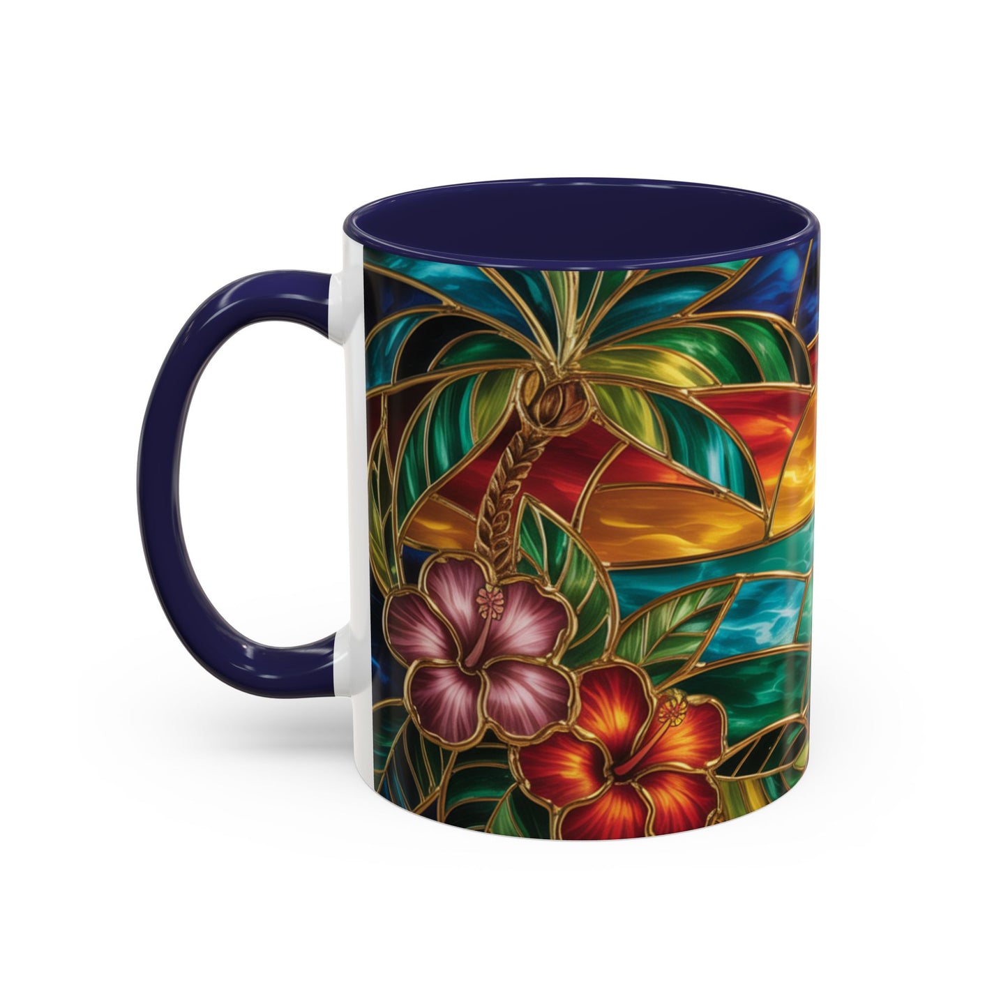 Stained Glass Tropical Sunset Mug, Hibiscus Flower Coffee Cup, Beach Lover Gift, Colorful Palm Tree Mug, Coastal Art Drinkware, Summer Cup