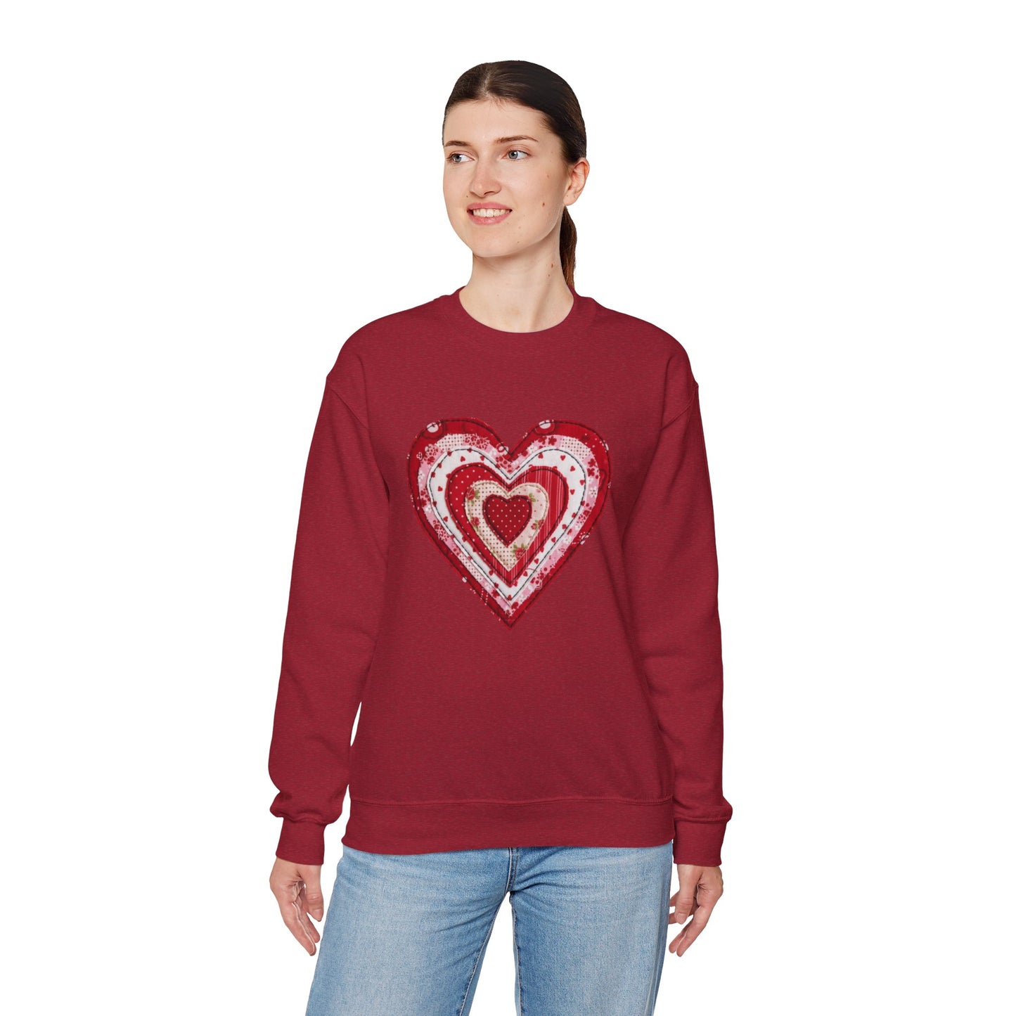 Faux Patchwork Heart Sweatshirt, Valentine Heart Shirt, Cute Valentine Gift, Retro Patchwork Crewneck, Cozy Love Sweater, Boho Heart Top