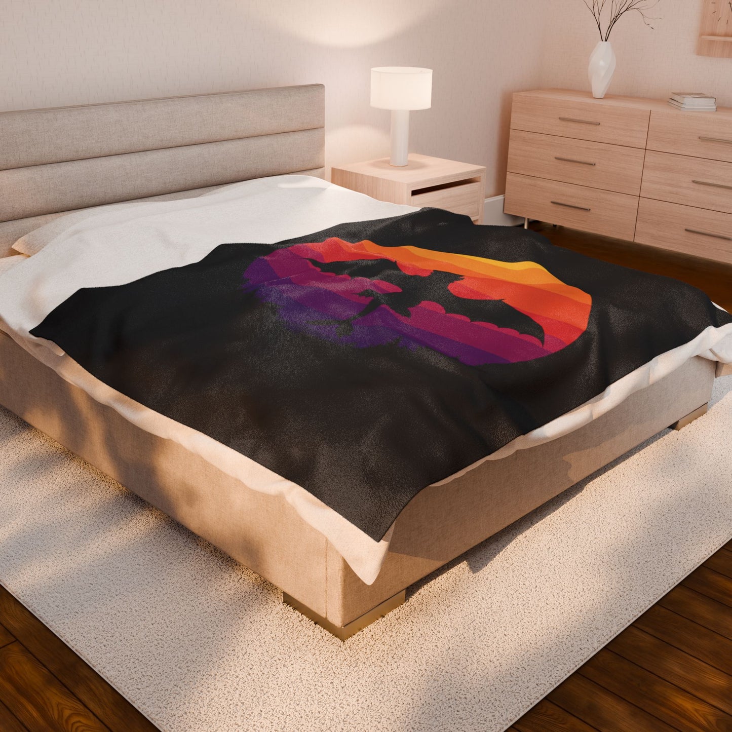 Dragon Sunset Blanket - Retro Dragon Fleece Throw - Fantasy Bedding Gift - Cool Gamer Blanket - Dragon Decor - Cozy Bed Cover for Fans