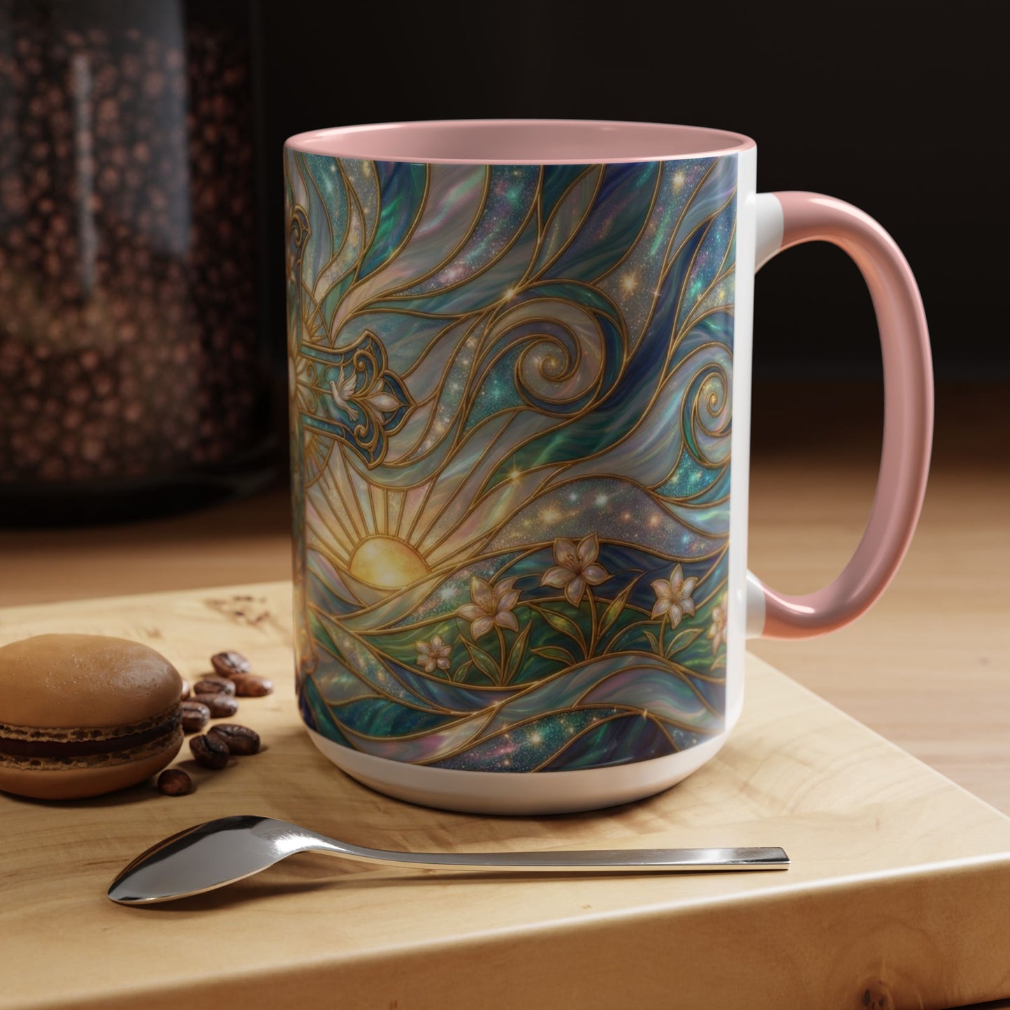 Stained Glass Cross Mug, Christian Coffee Cup, Religious Easter Gift, Celestial Faith Mug, Spiritual Sunrise Cup, Dove Lily Print Mug