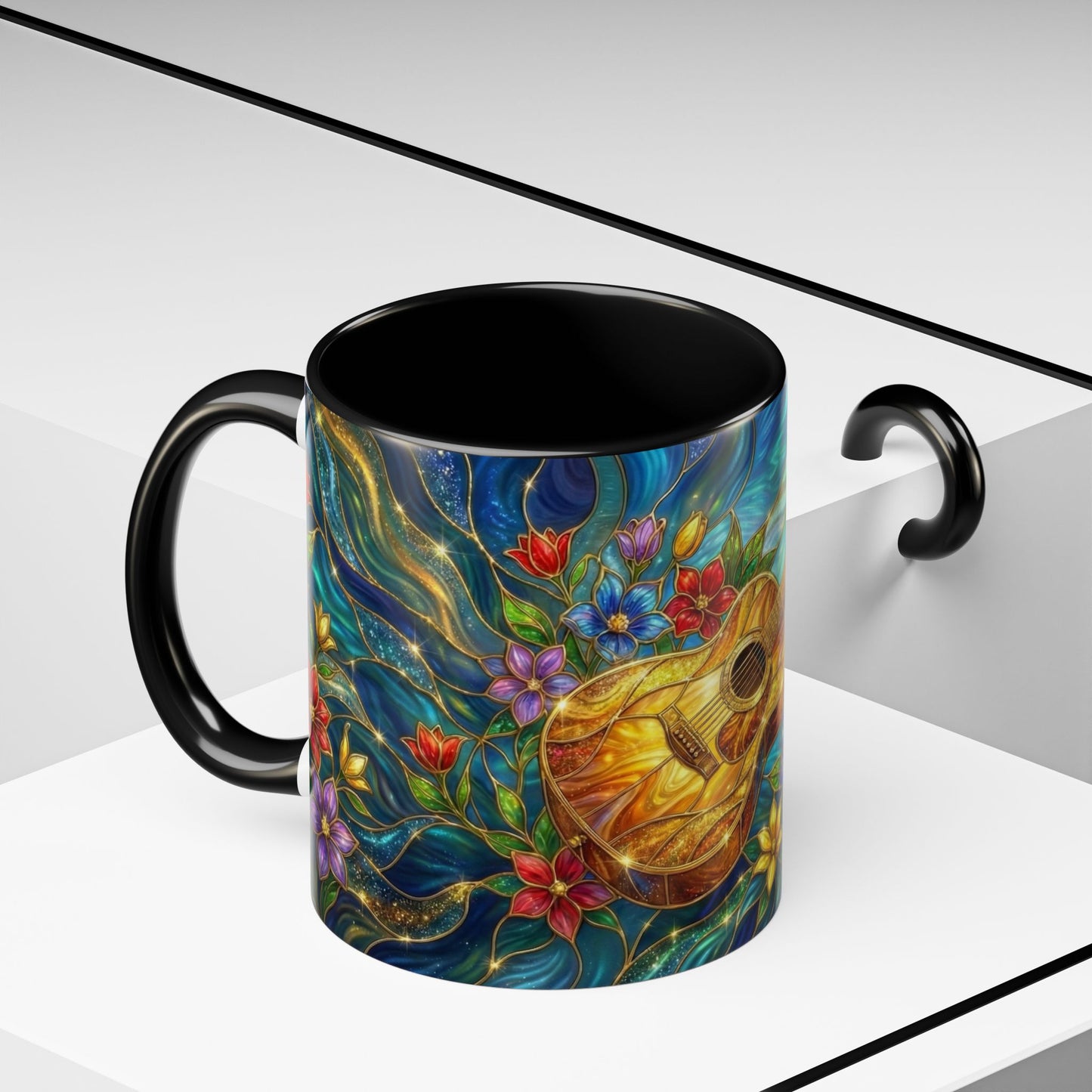 Guitar Coffee Mug, Stained Glass Guitar Art Mug, Music Lover Gift, Floral Acoustic Guitar Mug, Ceramic Coffee Cup, Unique Musician Gift, 11oz