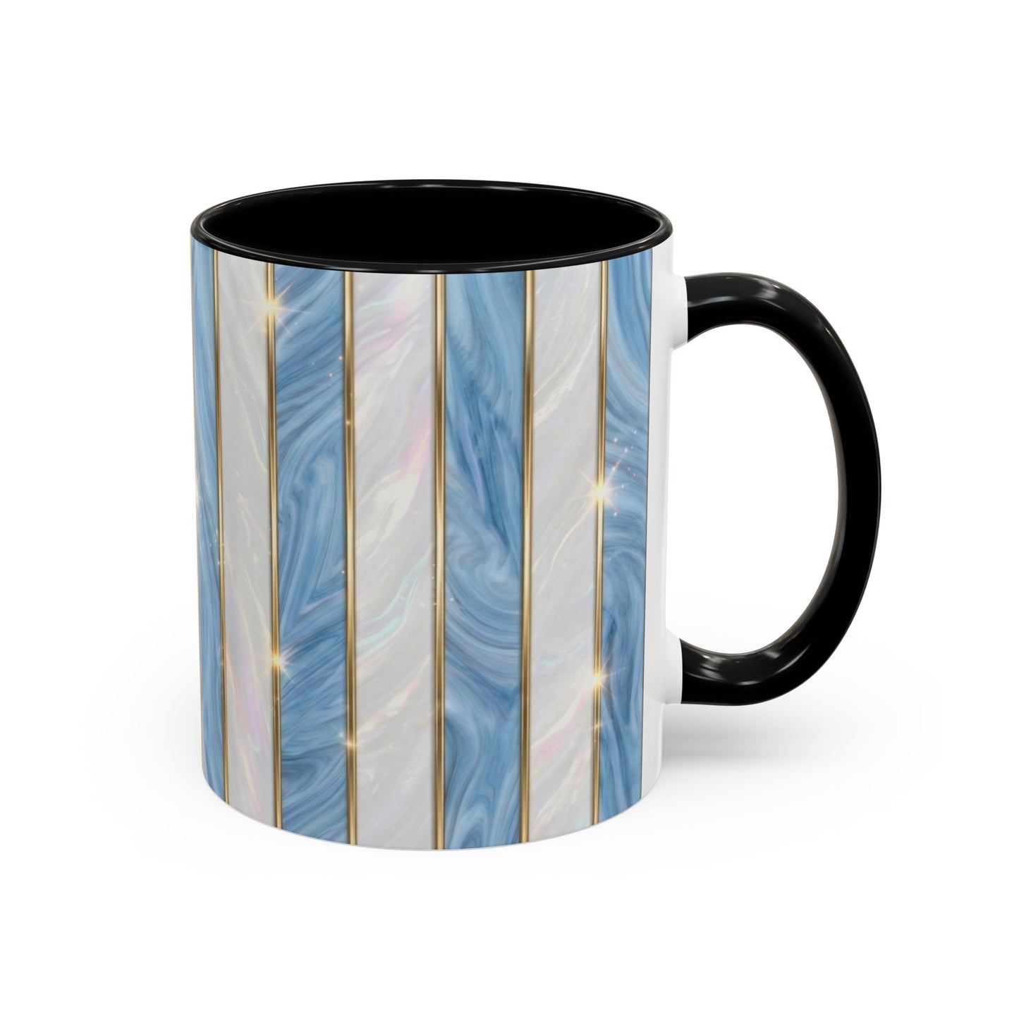 Faux Stained Glass Mug, Blue Pearlescent Coffee Cup, Art Deco Stained Glass Decor, Elegant Gold Stripe Teacup, Unique Art Gift For Her