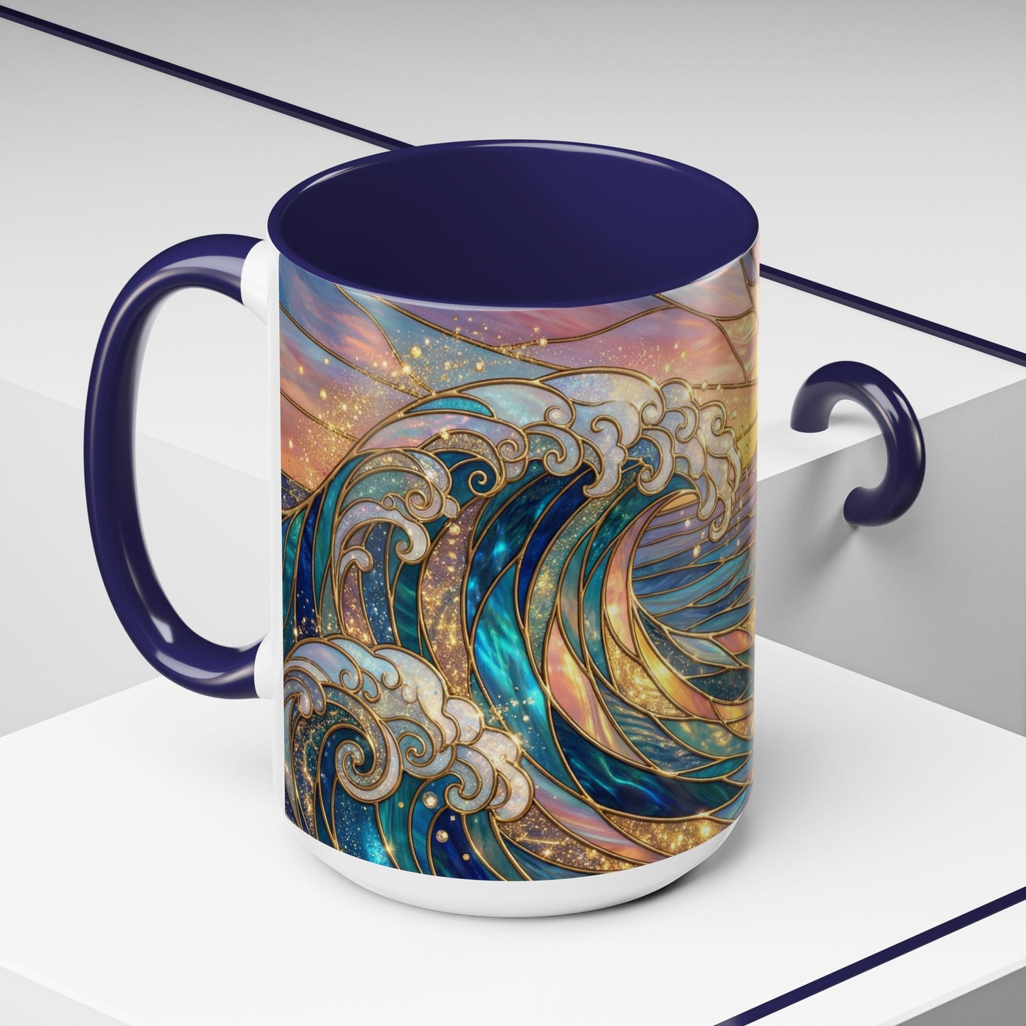 Stained Glass Ocean Wave Mug, Sunrise Beach Coffee Cup, Japanese Art Gift, Coastal Decor Kitchen, Mosaic Sea Tea Cup, Blue Gold Nature Lover