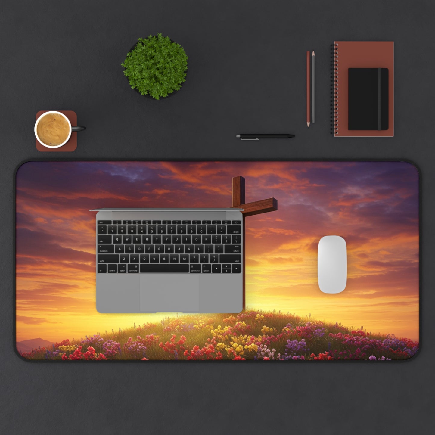 Desk Mat - Cross on a Hill DaVinci Style Christian Mouse Pad Religious Decor Spiritual Desk Mat Gift for Believers