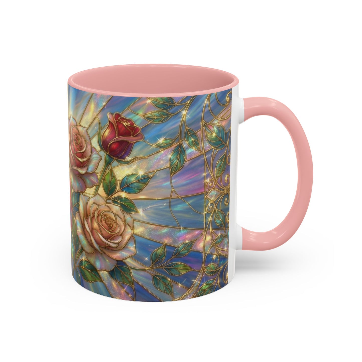 Stained Glass Rose Mug, Floral Art Coffee Cup, Elegant Rose Flower Mug, Blue Gold Glass Style Design, Romantic Gift For Her Decor