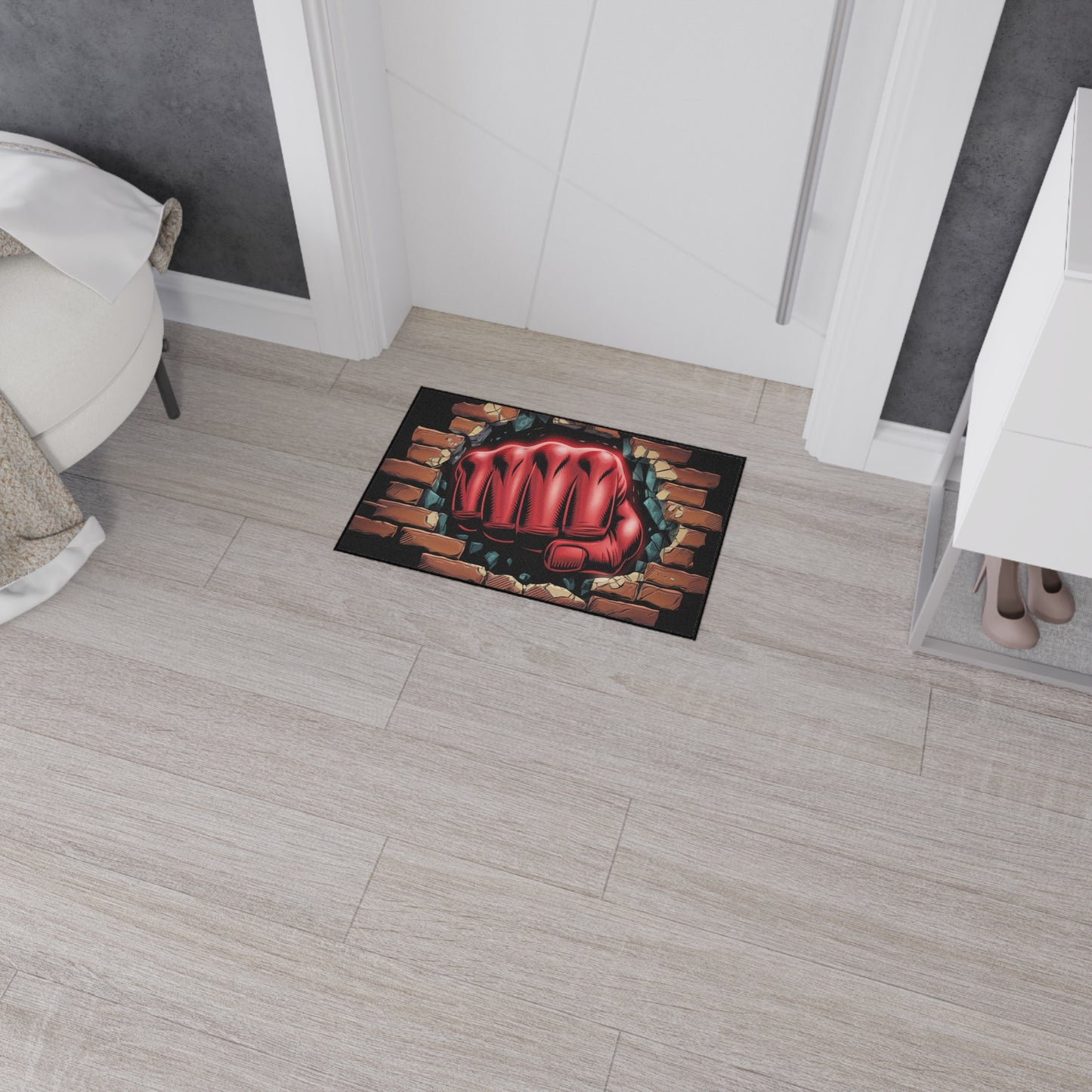 Floor Mat - Fun Red Fist Smashing Through Wall Design