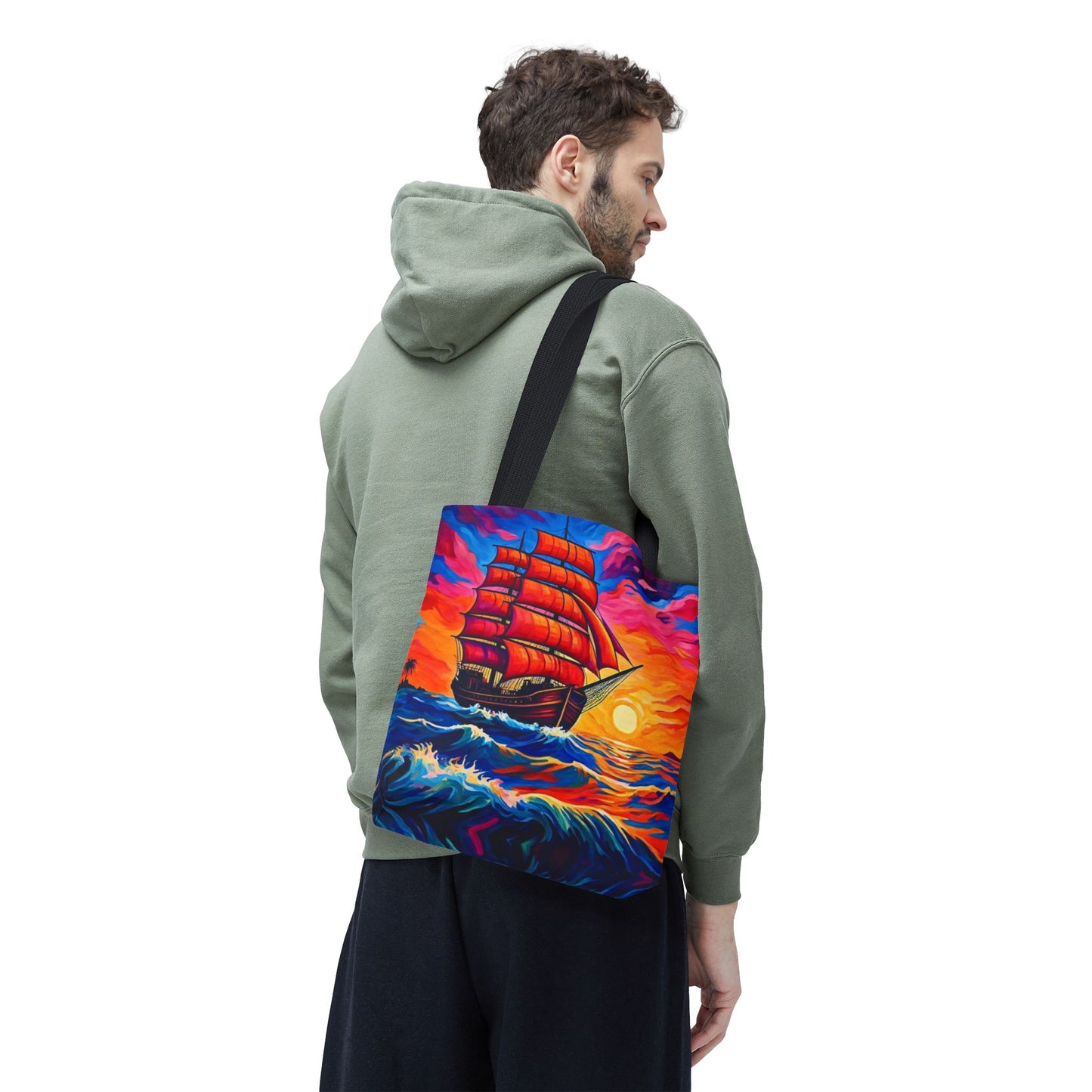 Crimson Voyage Tote Bag, Red Sailboat At Sunset Artistic Ocean Design, Nautical Reusable Tote For Beach, Travel, And Everyday Use