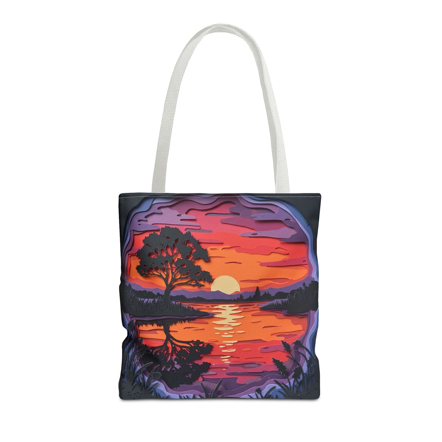 Sunset Landscape Canvas Tote Bag – Paper‑Art Inspired Nature Scene Tote – Colorful Sunset Market Tote, Eco Reusable Beach Bag, Vibrant Gift for Her