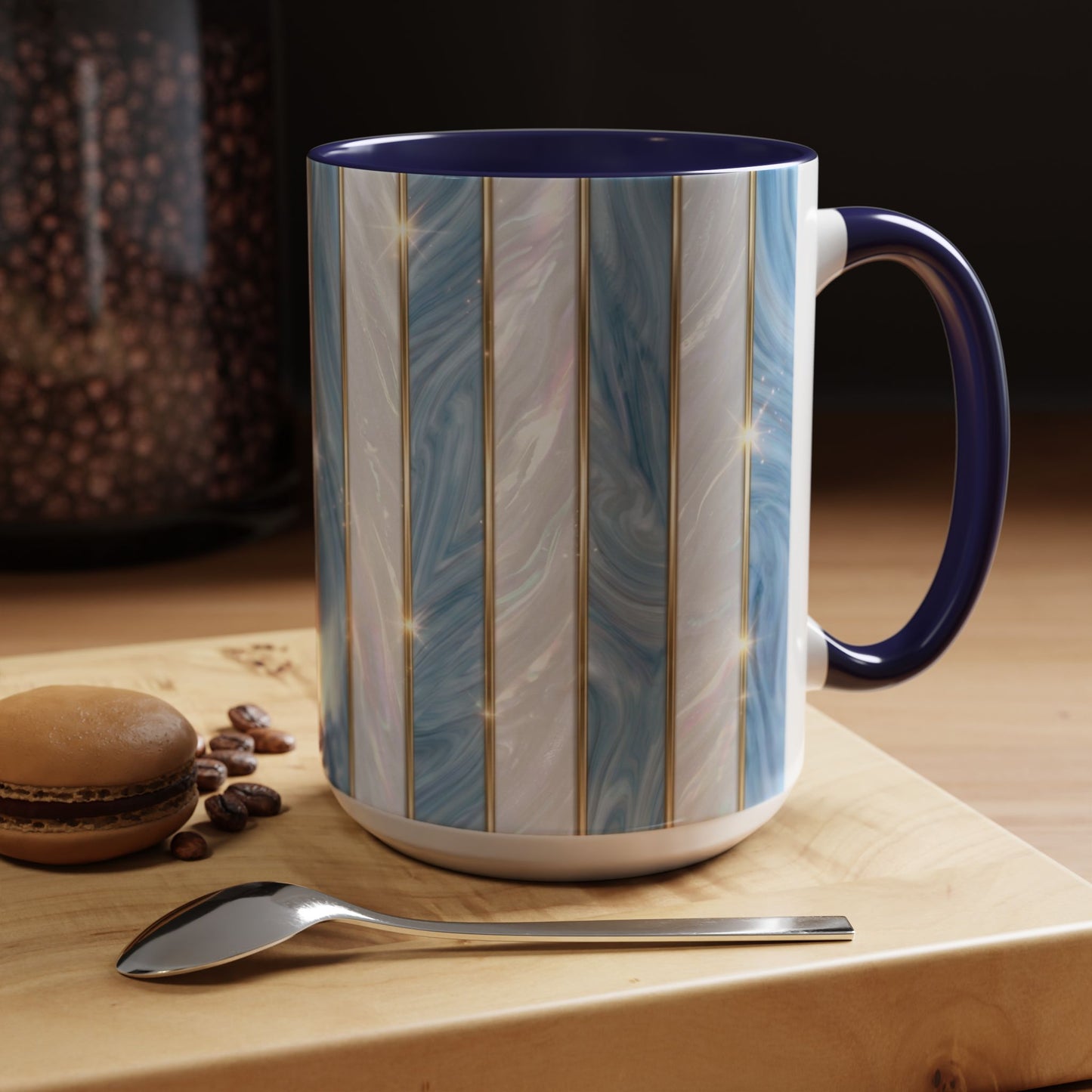 Faux Stained Glass Mug, Blue Pearlescent Coffee Cup, Art Deco Stained Glass Decor, Elegant Gold Stripe Teacup, Unique Art Gift For Her