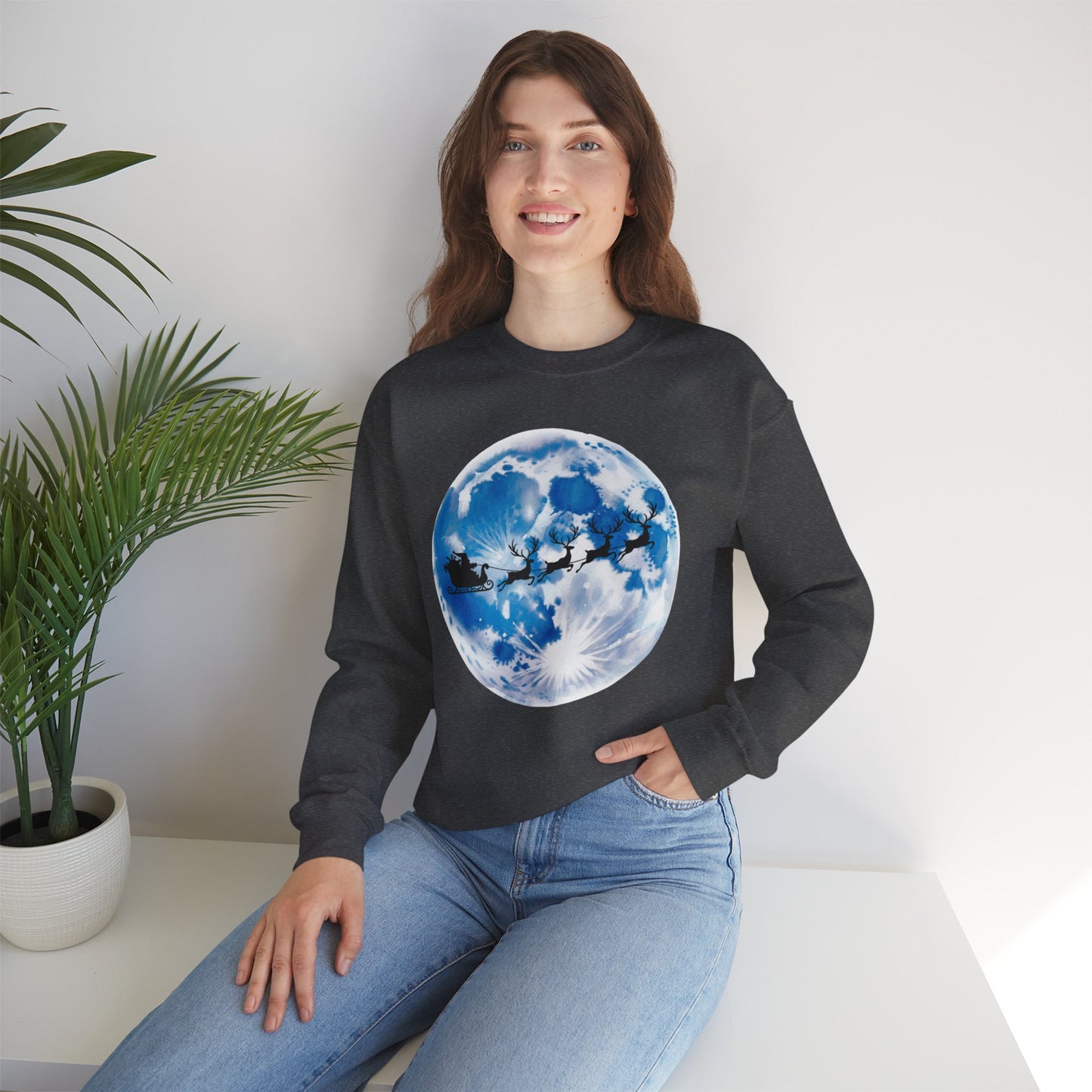 Santa And Reindeer Full Moon Christmas Sweatshirt, Holiday Night Sky Sweater, Cozy Unisex Crewneck, Festive Gift For Christmas Lovers