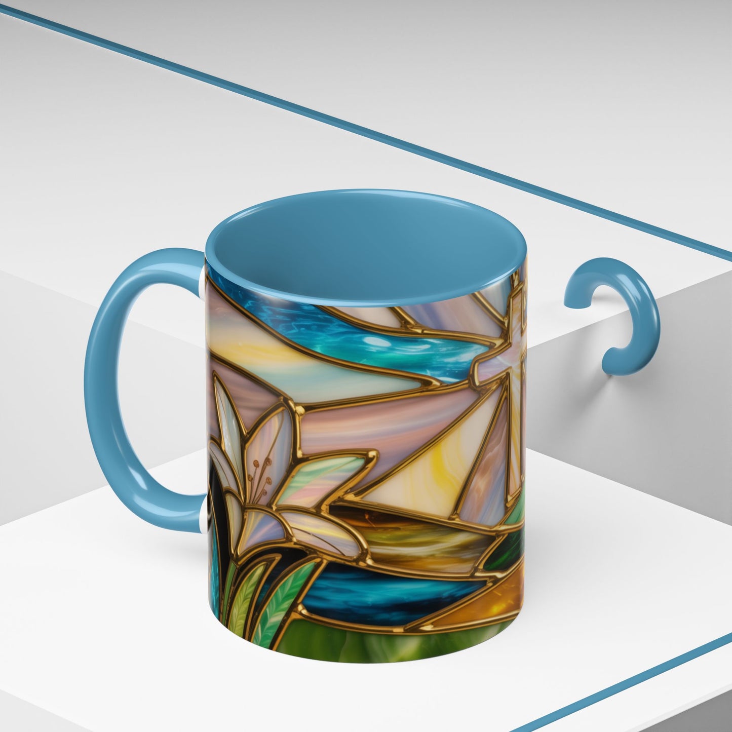 Stained Glass Cross Mug, Christian Sunrise Coffee Cup, Religious Floral Art Mug, Inspirational Faith Gift For Women, Colorful Stained Glass Design