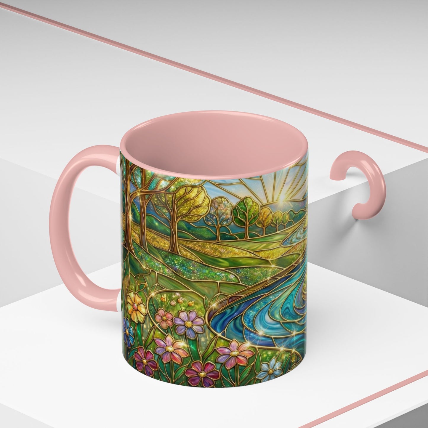 Stained Glass Mug, River Landscape Coffee Cup, Nature Lover Gift, Floral Tea Mug, Gardener Present, Art Teacher Gift, Colorful Scenery Cup
