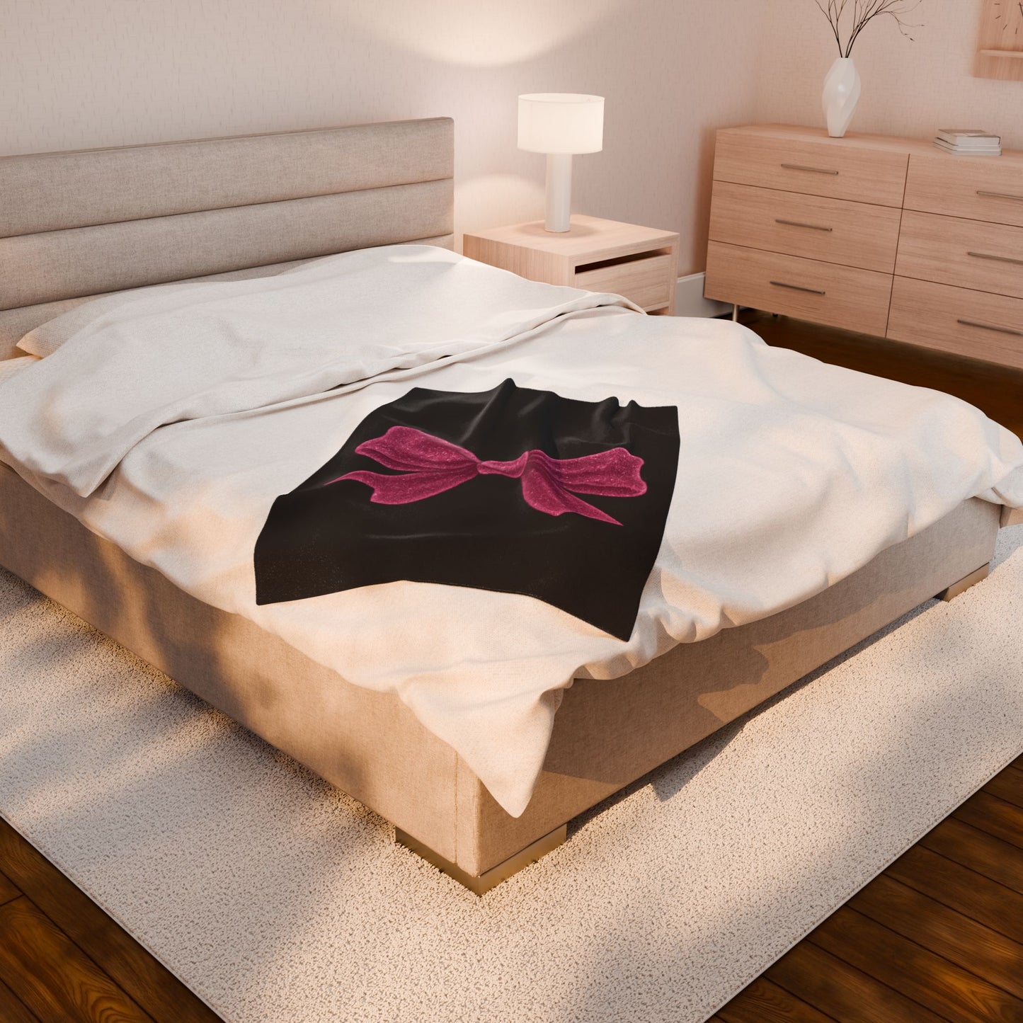 Black Throw Blanket with Glitter Pink Bow – Cozy Soft Bed Cover – Girly Glam Room Decor – Teen Girl Gift – Elegant Bedding Accent