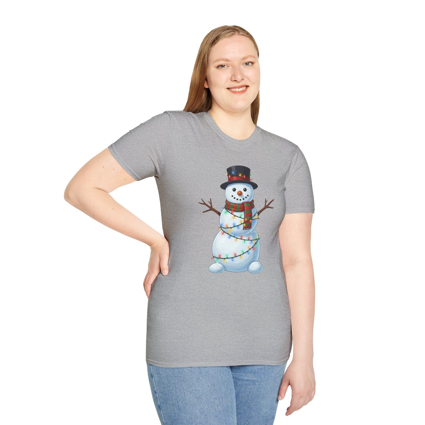 Cute Snowman Christmas Shirt, Snowman Wrapped in Christmas Lights Tee, Holiday Winter Snowman Top Hat Shirt, Funny Cozy Christmas T Shirt