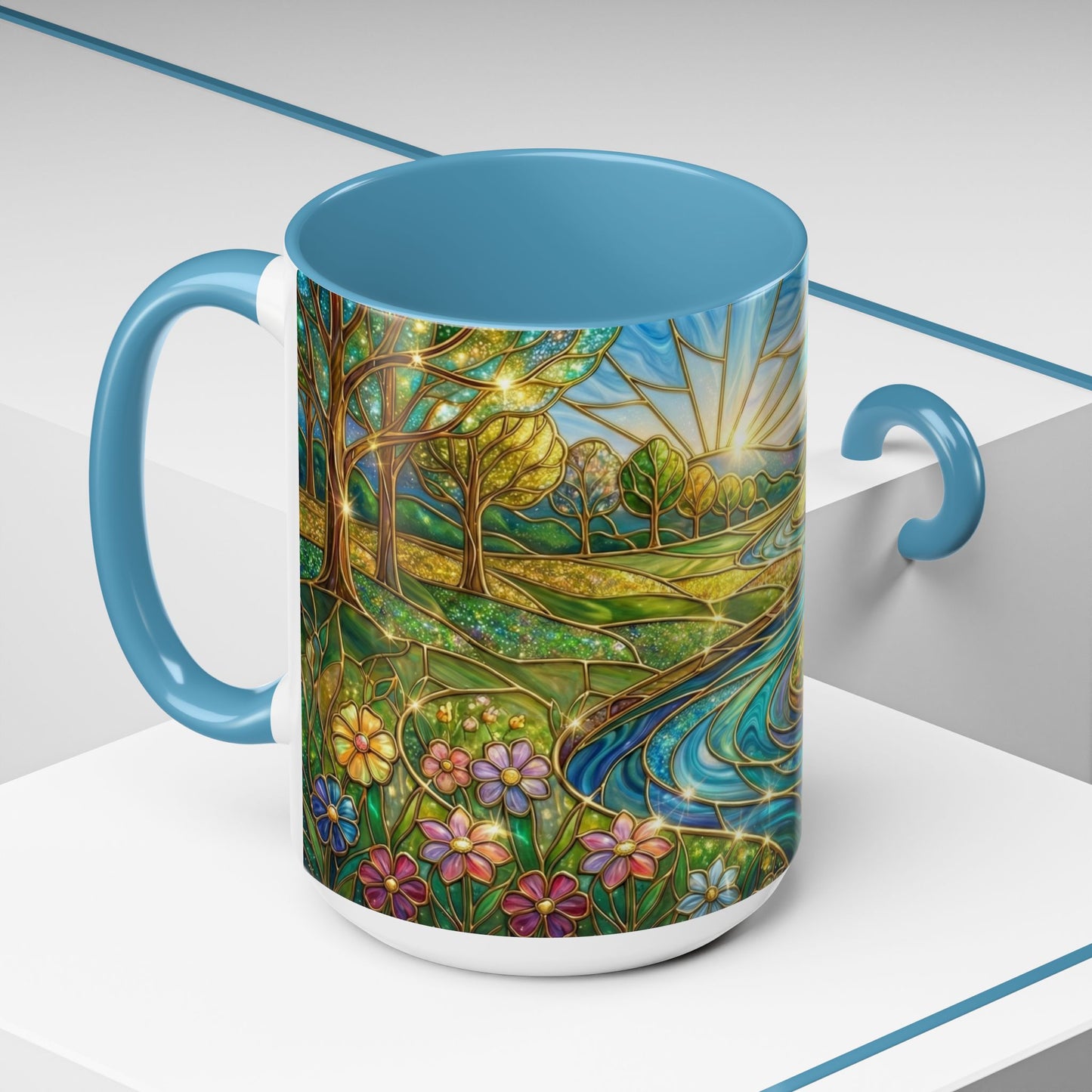 Stained Glass Mug, River Landscape Coffee Cup, Nature Lover Gift, Floral Tea Mug, Gardener Present, Art Teacher Gift, Colorful Scenery Cup