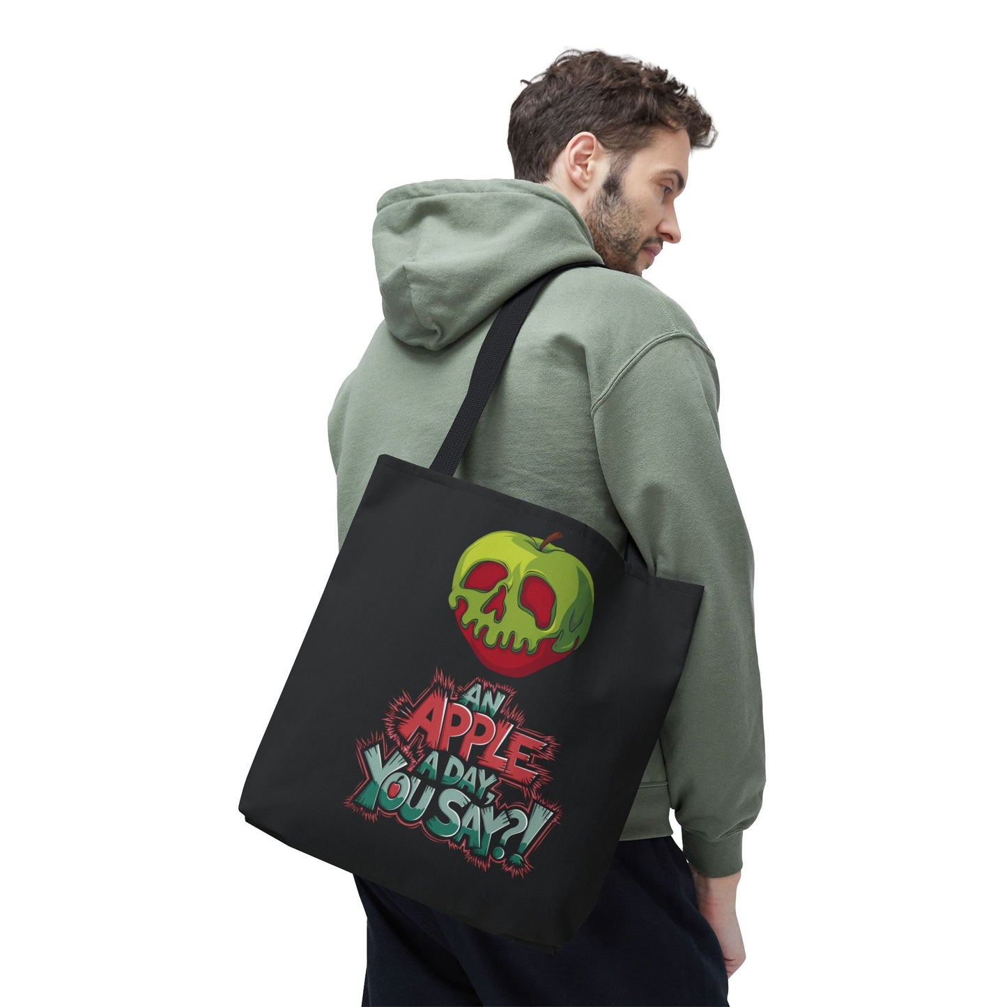 Spooky Halloween Tote Bag – Poison Apple Design – Funny Gothic Tote – Trick or Treat Bag – Creepy Apple Pun Gift – Black Tote Bag