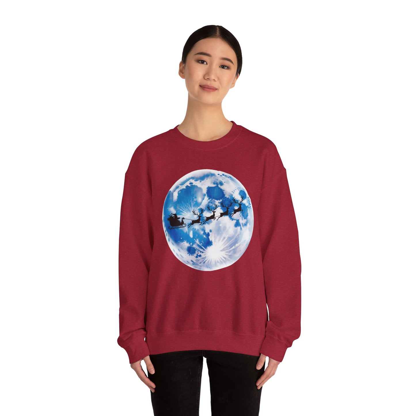 Santa And Reindeer Full Moon Christmas Sweatshirt, Holiday Night Sky Sweater, Cozy Unisex Crewneck, Festive Gift For Christmas Lovers