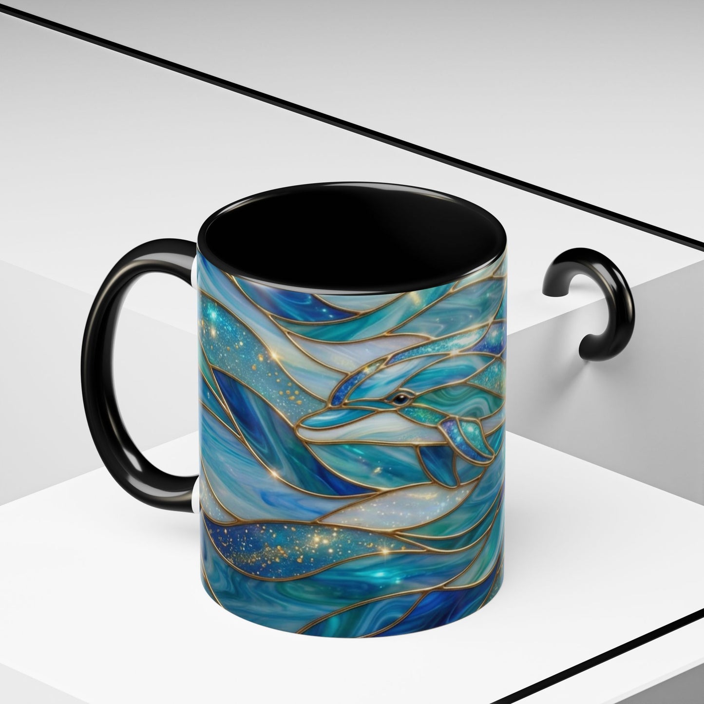 Stained Glass Dolphin Mug, Dolphin Coffee Cup, Ocean Art Mug, Sea Life Gift, Nautical Decor Mug, Coastal Dolphin Lover Gift