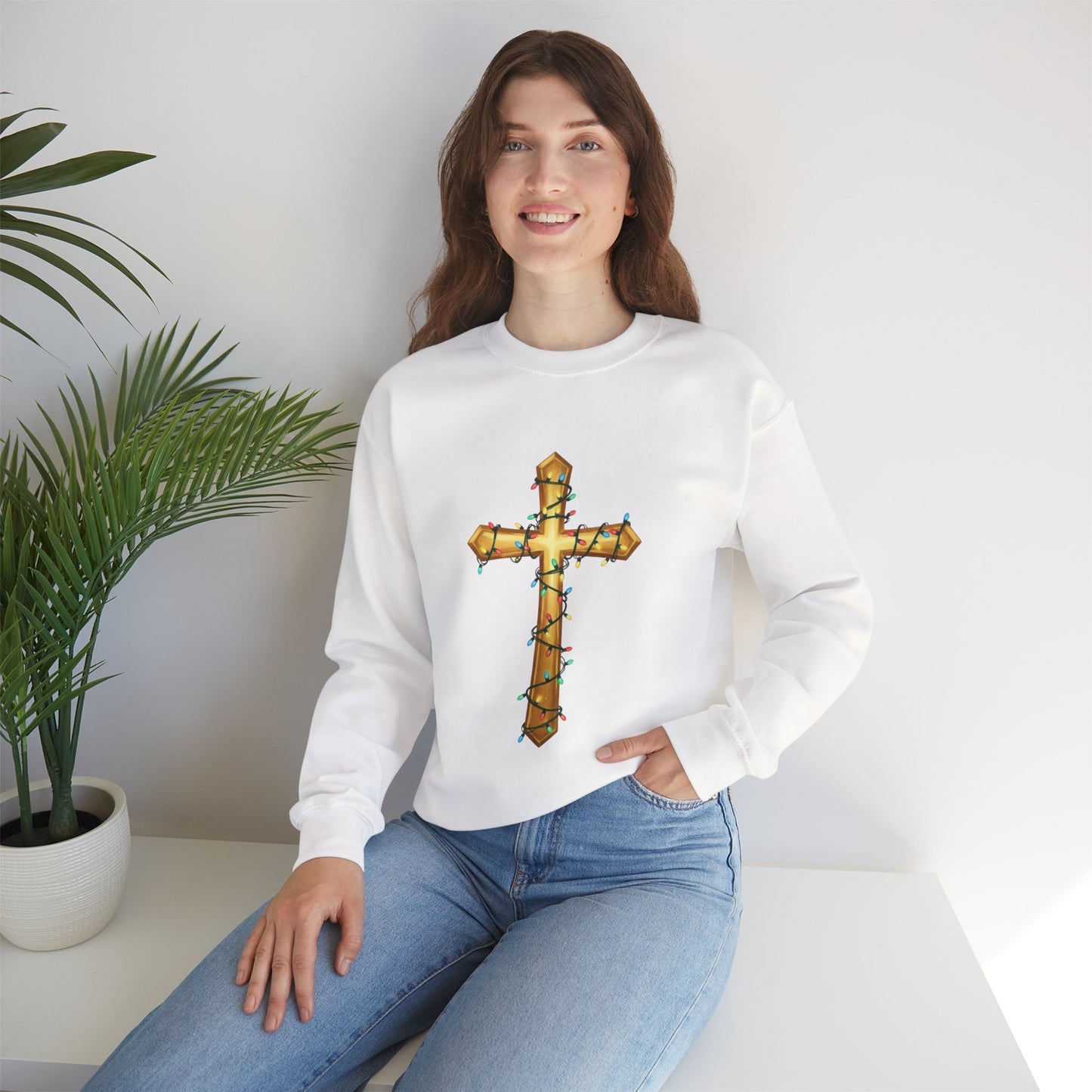 Christmas Cross Lights Sweatshirt, Christian Christmas Sweatshirt, Religious Holiday Cross Sweater, Jesus Christmas Gift, Faith