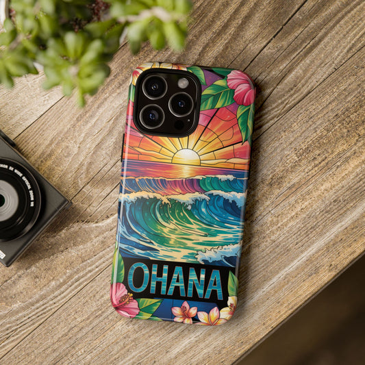 Ohana iPhone Case Tropical Hawaiian Sunset Phone Cover Wave Floral Beach Art Cute Gift for iPhone Lovers