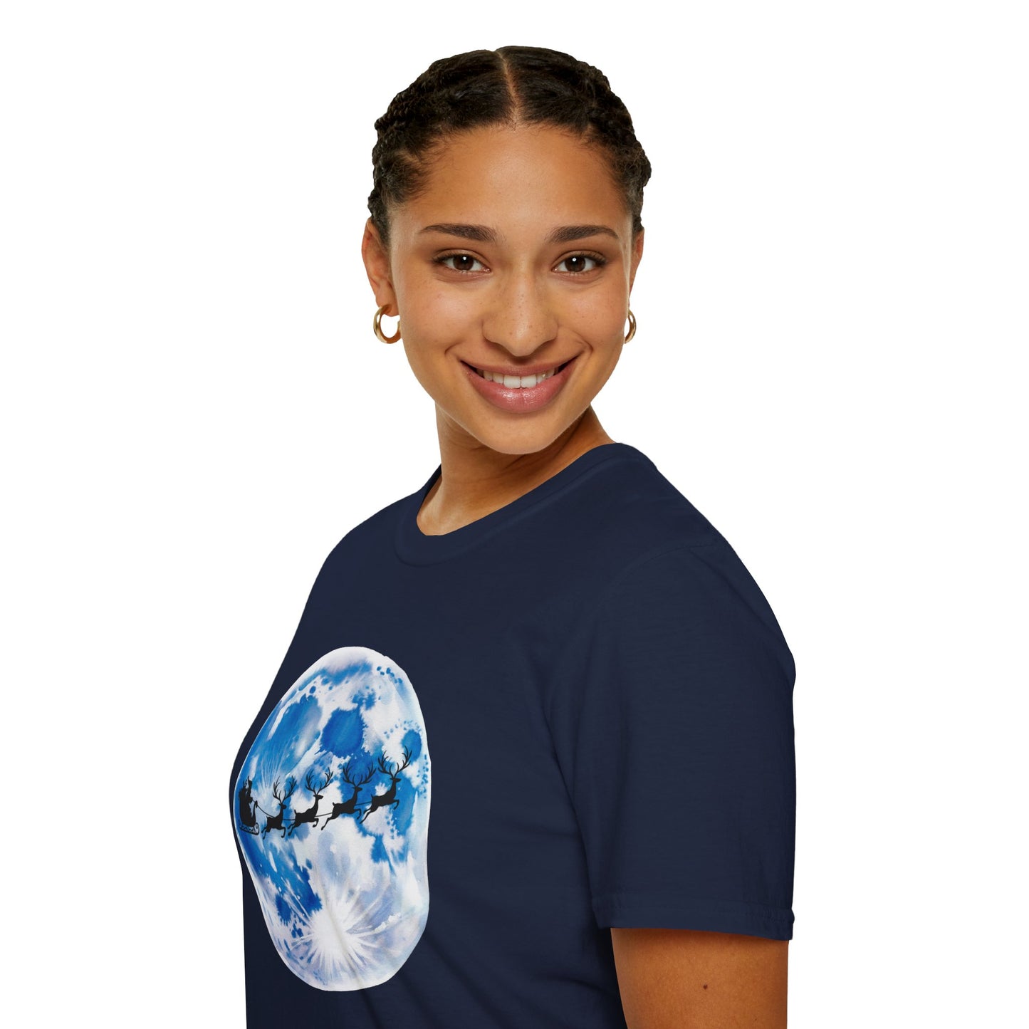 Santa Moon Christmas T-Shirt, Reindeer Sleigh Christmas Tee, Holiday Moonlight Xmas Shirt, Festive Christmas Graphic Tee, Winter Night Christmas Gift Tee