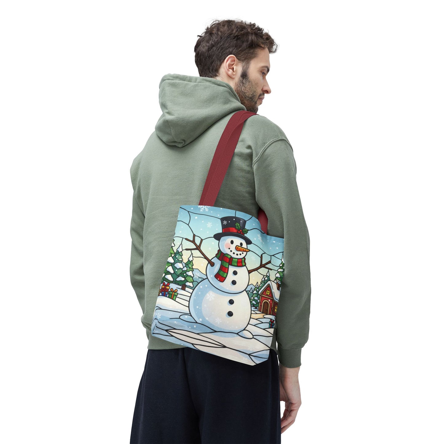 Stained Glass Snowman Christmas Tote Bag, Holiday Art Tote, Festive Winter Gift Bag, Colorful Christmas Scene Reusable Shopping Bag
