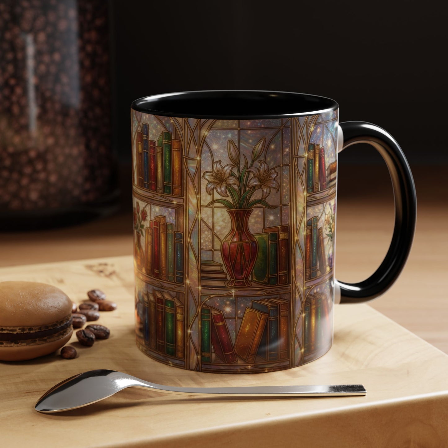 Stained Glass Books Mug, Book Lover Coffee Mug, Cozy Library Mug, Bookish Gift For Readers, Dark Academia Mug, Floral Bookshelf Cup