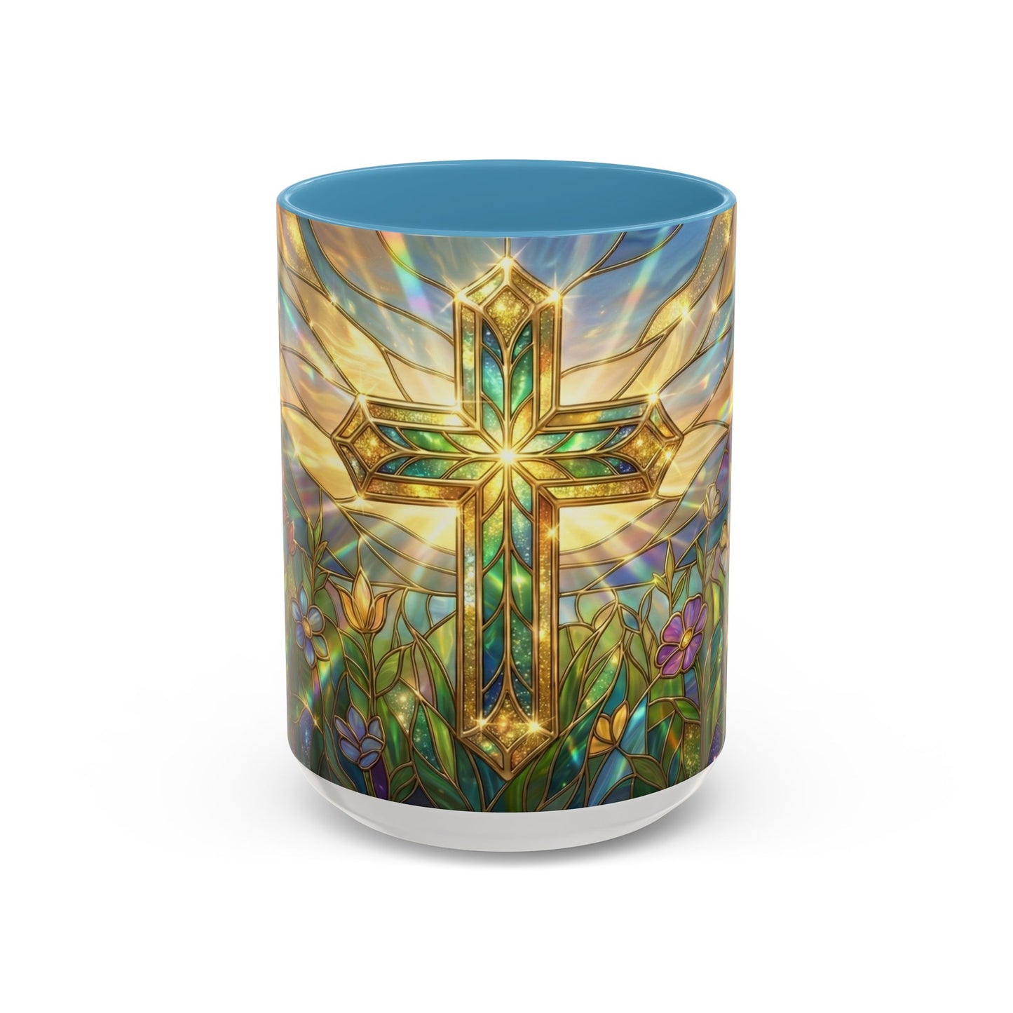Stained Glass Cross Mug, Christian Coffee Cup With Floral Design, Faith Inspired Ceramic Mug, Religious Gift, 11oz 15oz