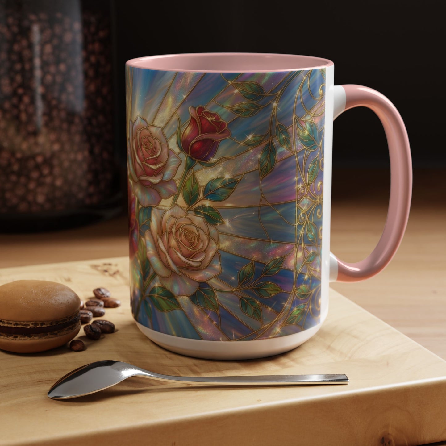 Stained Glass Rose Mug, Floral Art Coffee Cup, Elegant Rose Flower Mug, Blue Gold Glass Style Design, Romantic Gift For Her Decor