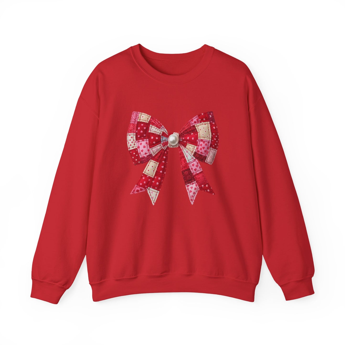 Faux Patchwork Bow Sweatshirt, Quilted Look Bow Crewneck, Pearl Center Bow Pullover, Cozy Coquette Sweatshirt, Girly Gift