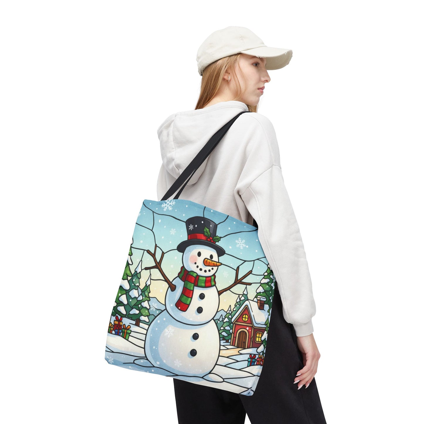 Stained Glass Snowman Christmas Tote Bag, Holiday Art Tote, Festive Winter Gift Bag, Colorful Christmas Scene Reusable Shopping Bag