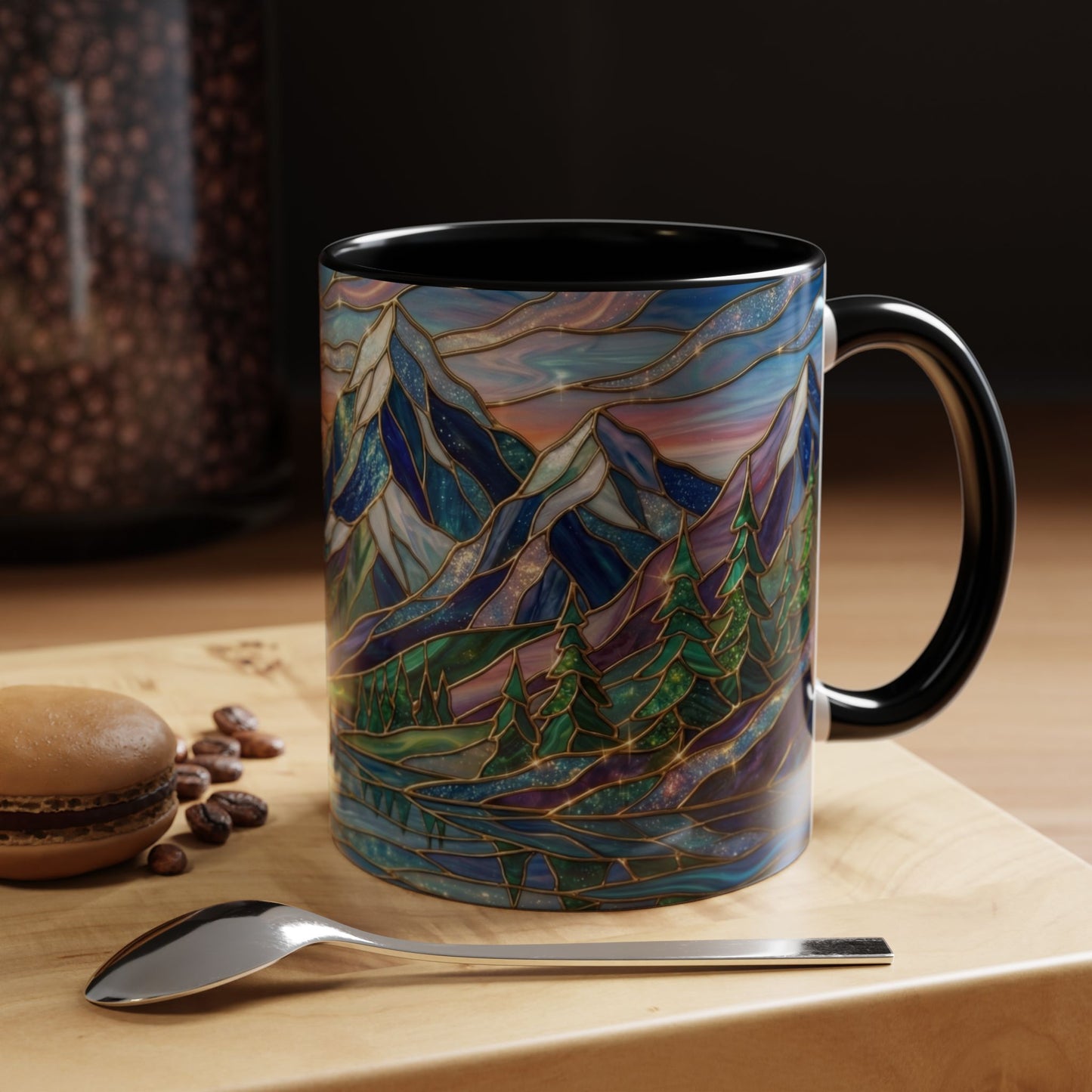Stained Glass Mountain Mug, Sunset Mountain Landscape Coffee Cup, Nature Ceramic Mug With Forest And River, 11oz 15oz Gift