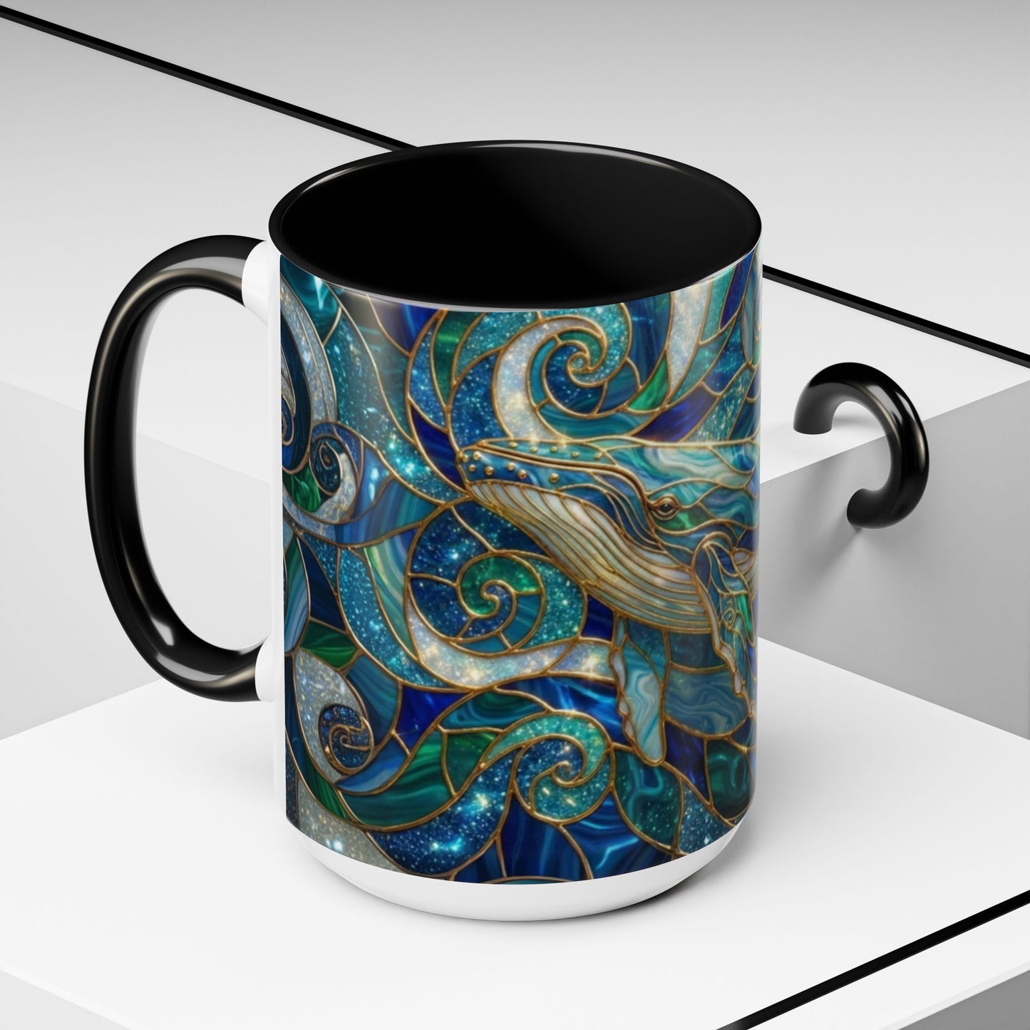 Stained Glass Whale Mug, Ocean Art Coffee Cup, Blue Sea Life Design, Nautical Gift For Ocean Lovers, Colorful Stained Glass Whale Cup