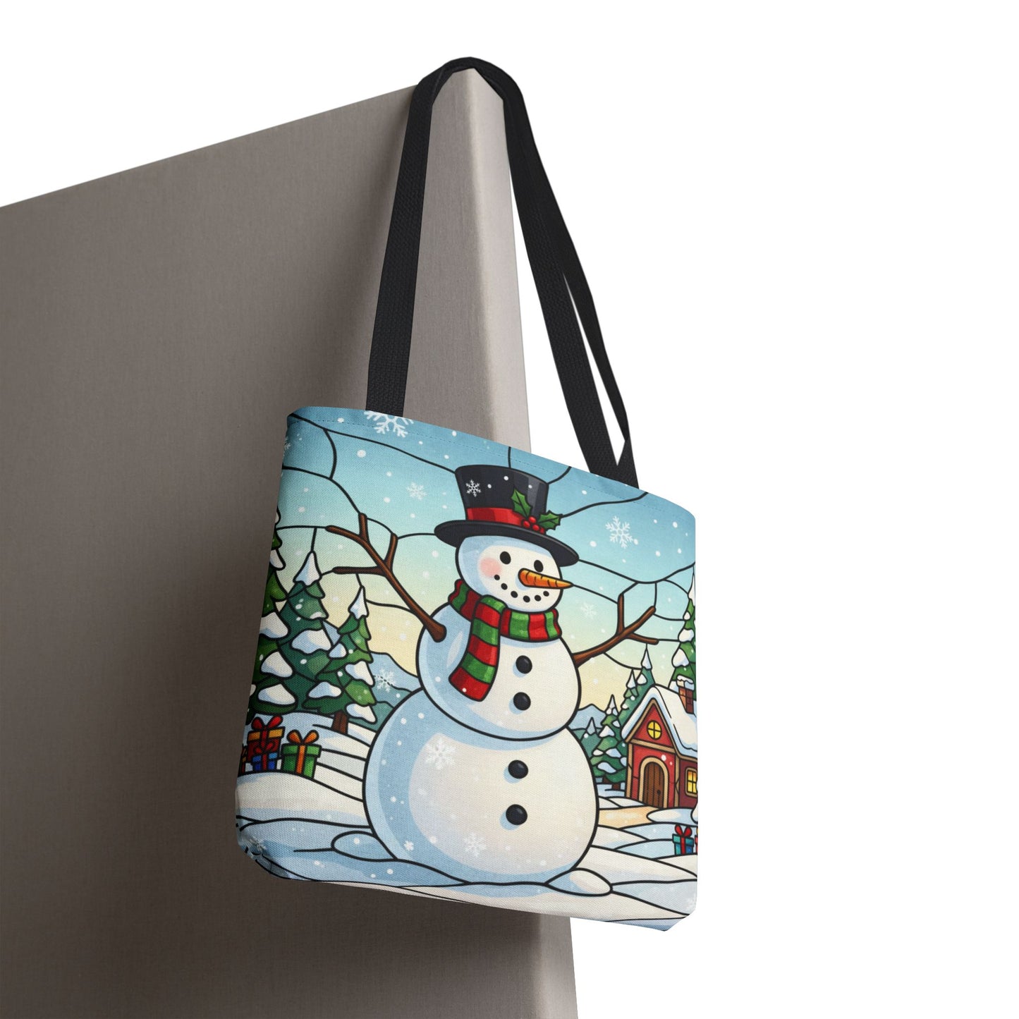 Stained Glass Snowman Christmas Tote Bag, Holiday Art Tote, Festive Winter Gift Bag, Colorful Christmas Scene Reusable Shopping Bag