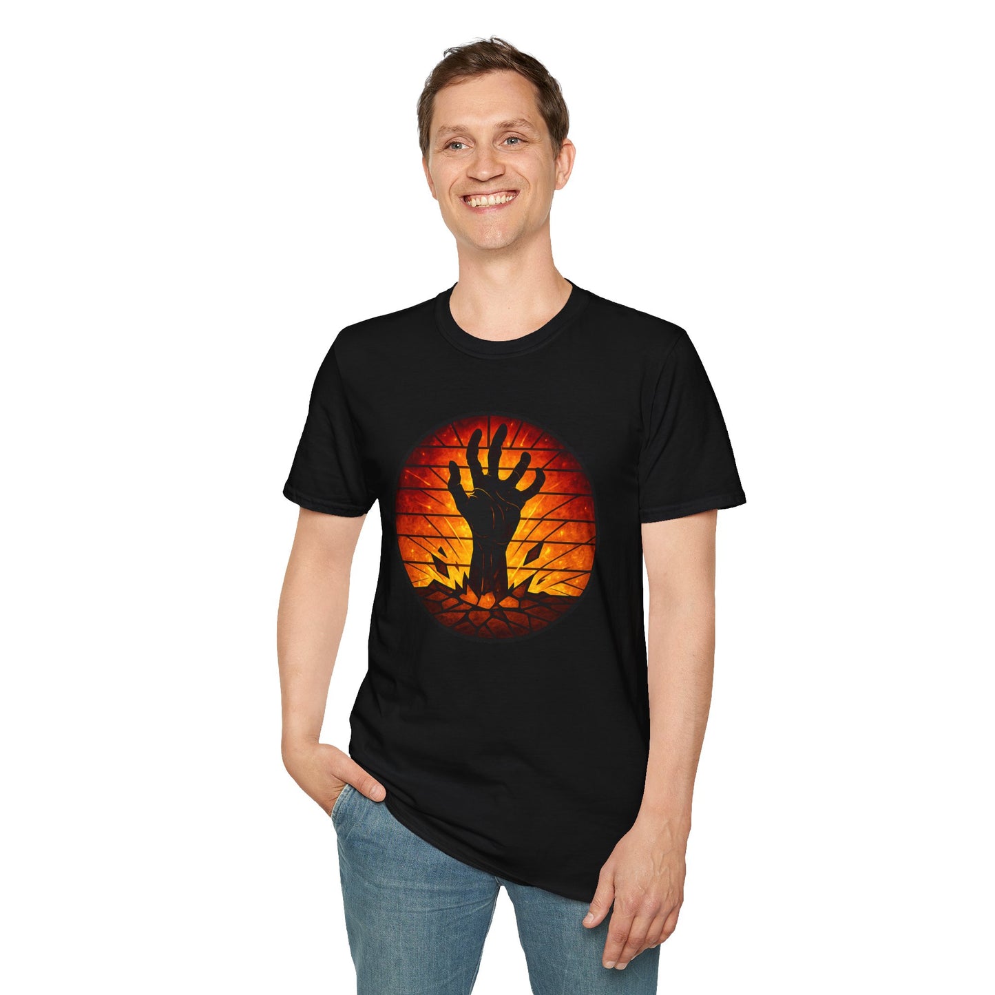 Zombie Hand Sunset T-Shirt – Stained Glass Horror Shirt, Halloween Gothic Tee, Undead Rising Art Tee, Creepy Spooky Shirt for Fall