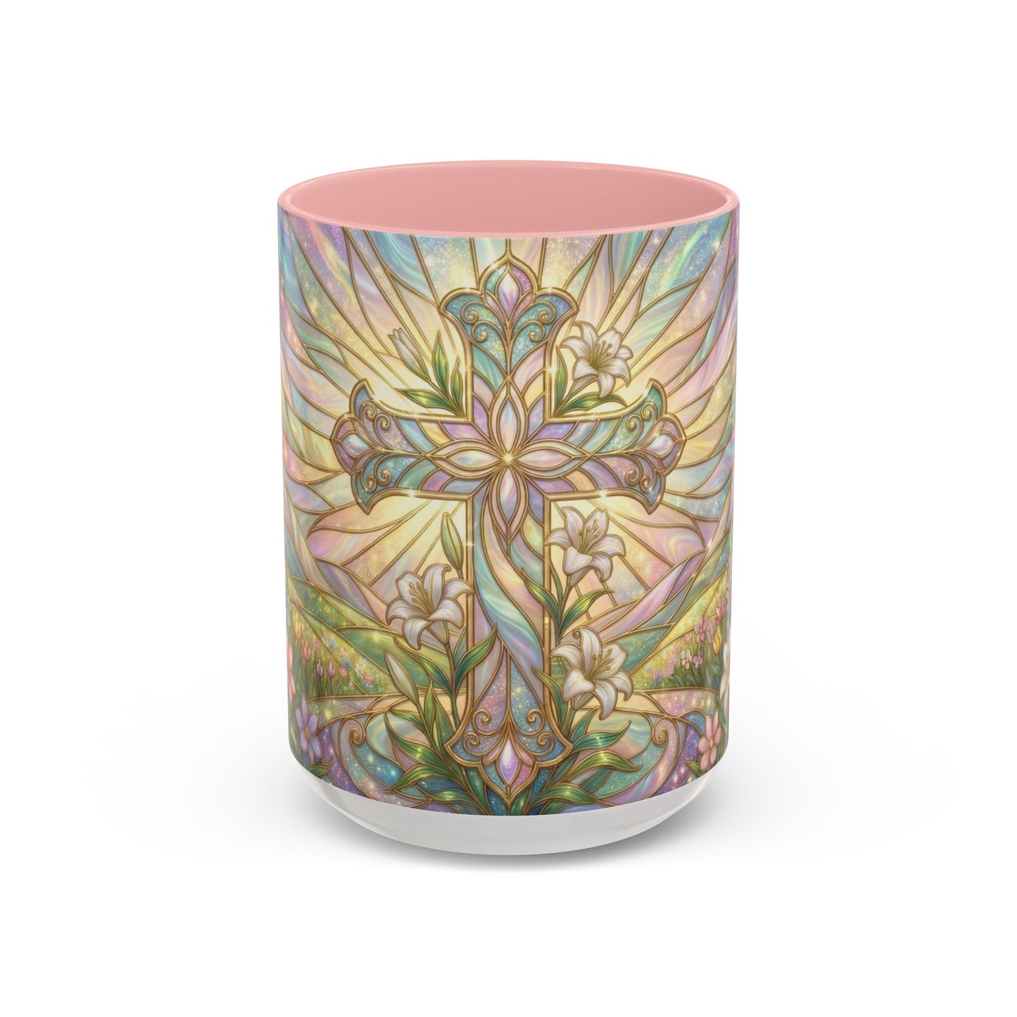 Stained Glass Cross Mug, Easter Lily Coffee Cup, Christian Religious Gift, Pastel Floral Faith Mug, Spring Believer Cup, Baptism Present