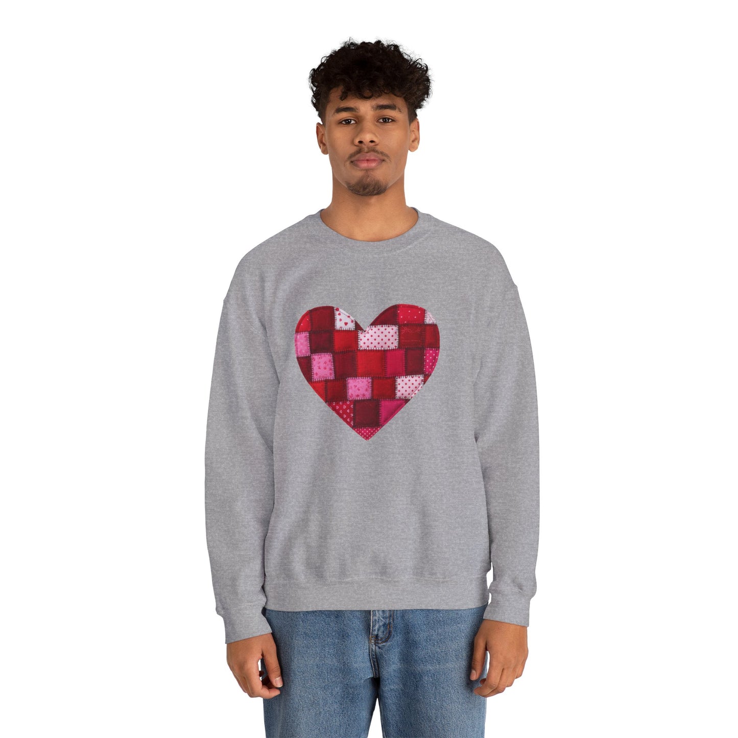 Faux Patchwork Heart Sweatshirt, Quilted Look Heart Pullover, Cozy Valentine Crewneck, Handmade Style Sweatshirt, Love Heart Shirt, Valentine Gift