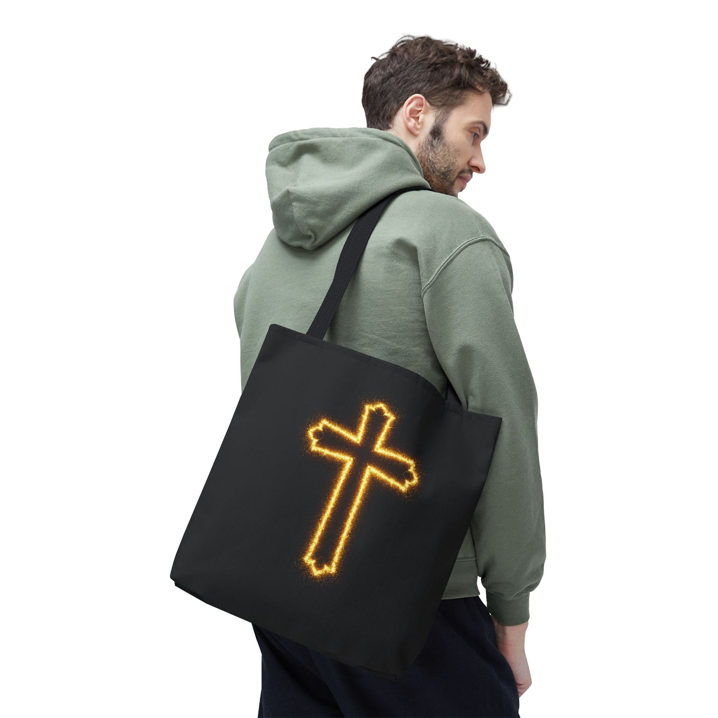 Christian Cross Tote Bag | Glowing Light Faith Bag | Inspirational Religious Gift | Black Canvas Tote | Spiritual Reusable Shopper