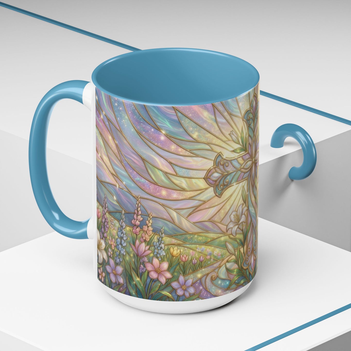 Stained Glass Cross Mug, Easter Lily Coffee Cup, Christian Religious Gift, Pastel Floral Faith Mug, Spring Believer Cup, Baptism Present