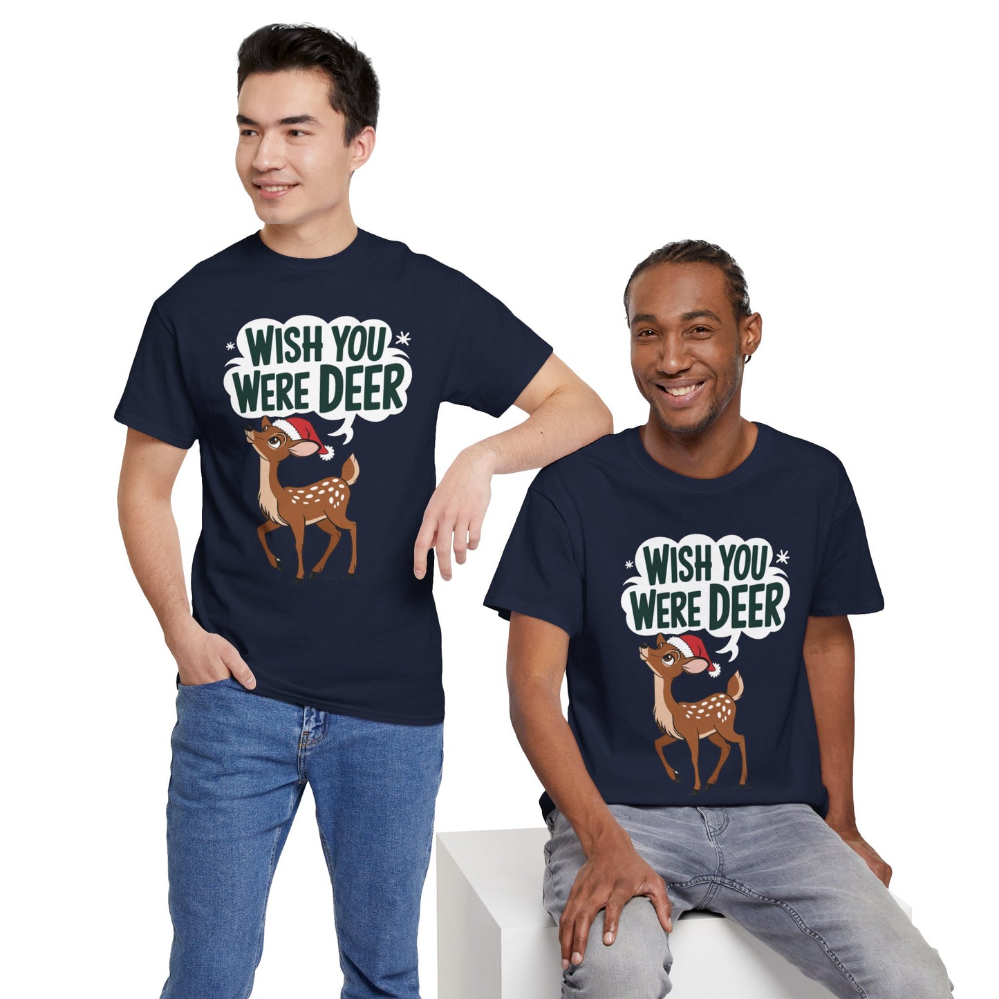 Wish You Were Deer Funny Christmas T-Shirt, Cute Reindeer Holiday Tee, Pun Christmas Shirt, Festive Santa Hat Deer Graphic Tee Gift