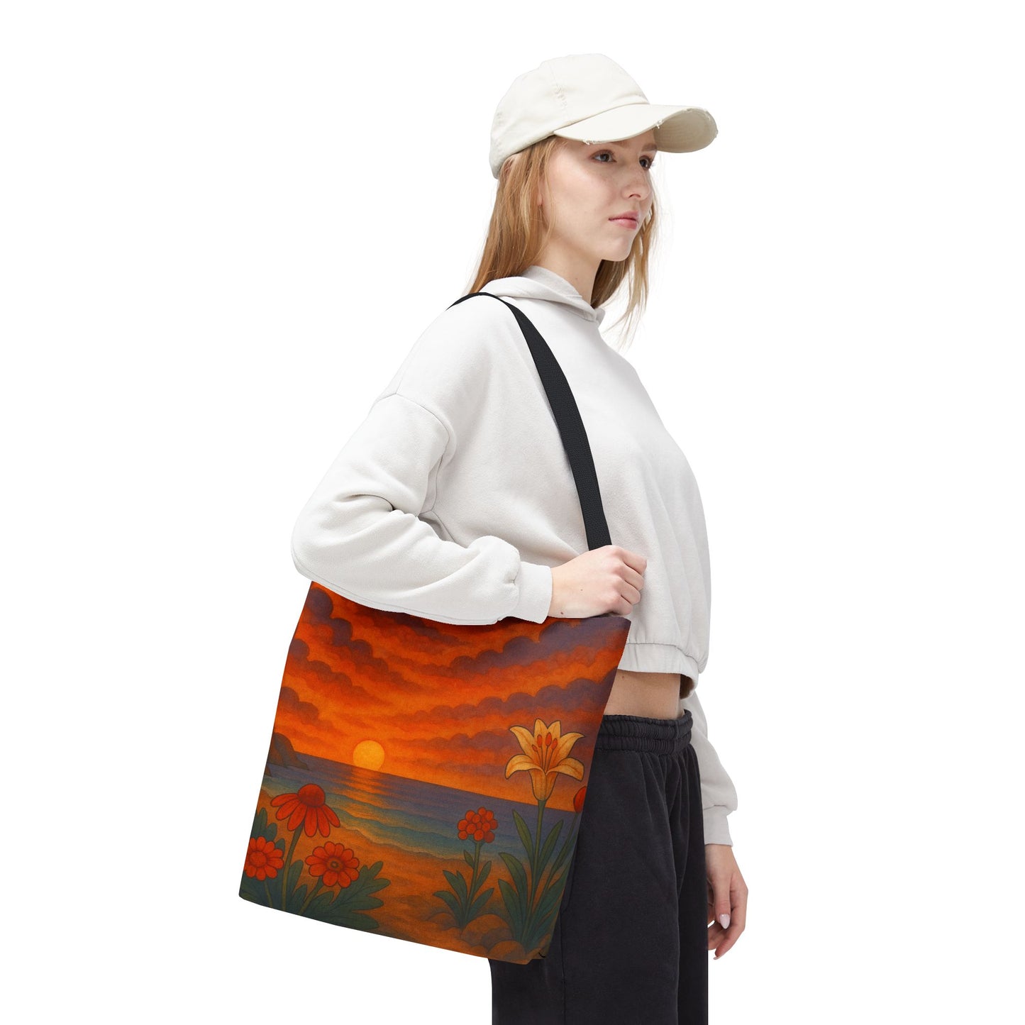 Retro Sunset Tote Bag with Wildflowers – Vibrant Floral Landscape Art, Nature-Inspired Reusable Bag, 70s Style Summer Accessory