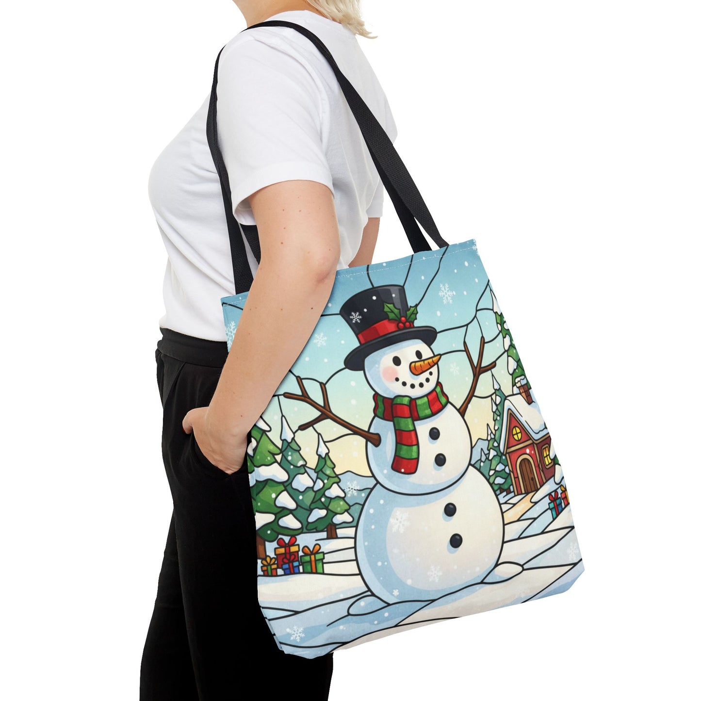 Stained Glass Snowman Christmas Tote Bag, Holiday Art Tote, Festive Winter Gift Bag, Colorful Christmas Scene Reusable Shopping Bag