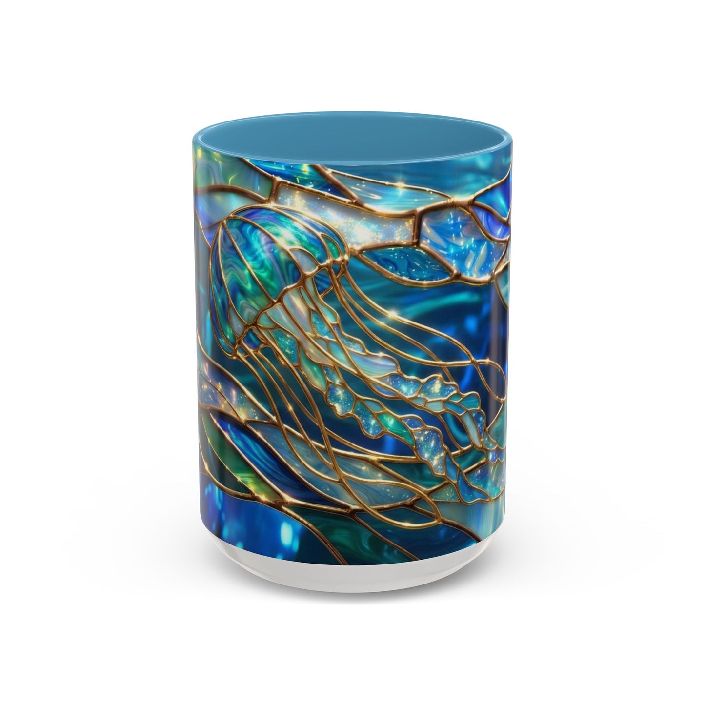 Stained Glass Jellyfish Mug, Ocean Art Coffee Cup, Nautical Sea Life Mug, Blue Teal Gold Glass Style Mug, Gift For Ocean Lovers Decor