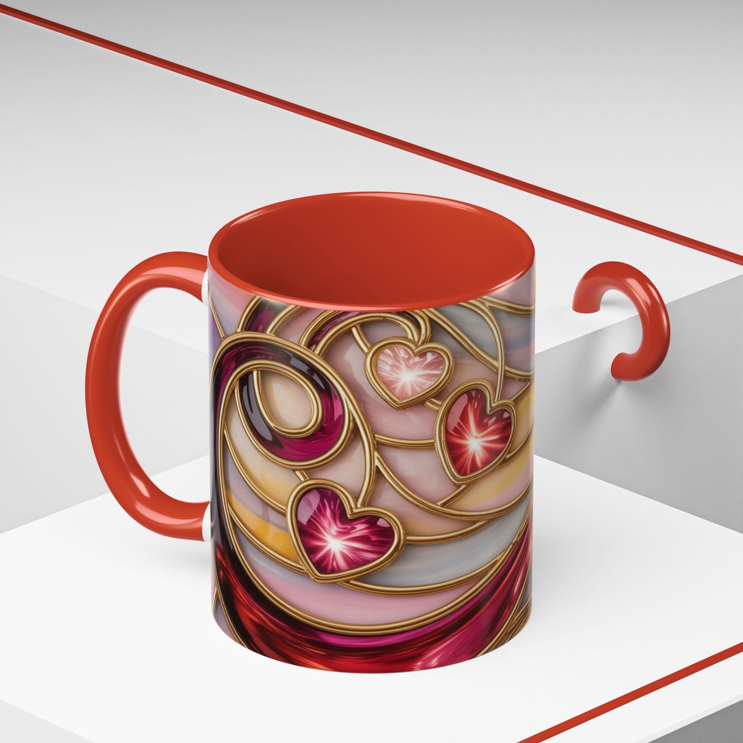 Stained Glass Heart Mug, Romantic Love Coffee Cup, Pink Red Gold Glass Style Mug, Valentine Gift For Her, Anniversary Wedding Decor