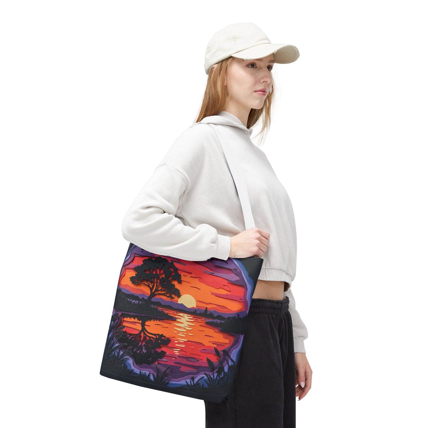 Sunset Landscape Canvas Tote Bag – Paper‑Art Inspired Nature Scene Tote – Colorful Sunset Market Tote, Eco Reusable Beach Bag, Vibrant Gift for Her