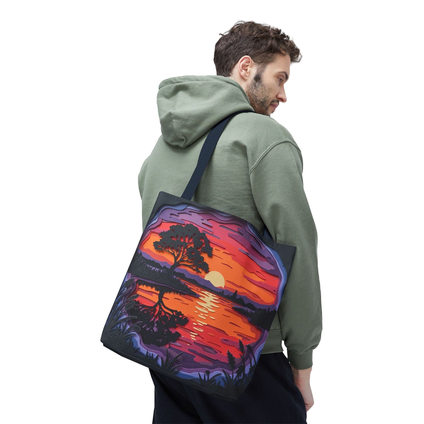 Sunset Landscape Canvas Tote Bag – Paper‑Art Inspired Nature Scene Tote – Colorful Sunset Market Tote, Eco Reusable Beach Bag, Vibrant Gift for Her