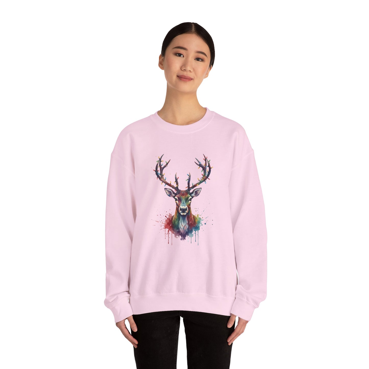 Colorful Reindeer Christmas Sweatshirt, Holiday Deer Lights Sweater, Watercolor Winter Crewneck, Festive Cozy Gift For Him Or Her